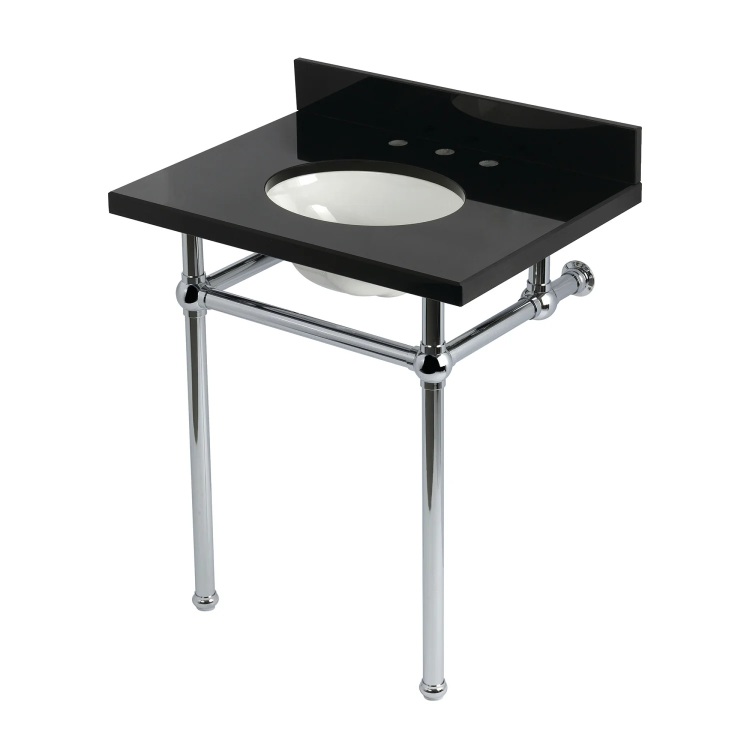 Kingston Heirloom KVPK30KB1 - Templeton 30-Inch Black Granite Console Sink with Brass Legs (8-Inch, 3-Hole), Black Granite/Polished Chrome