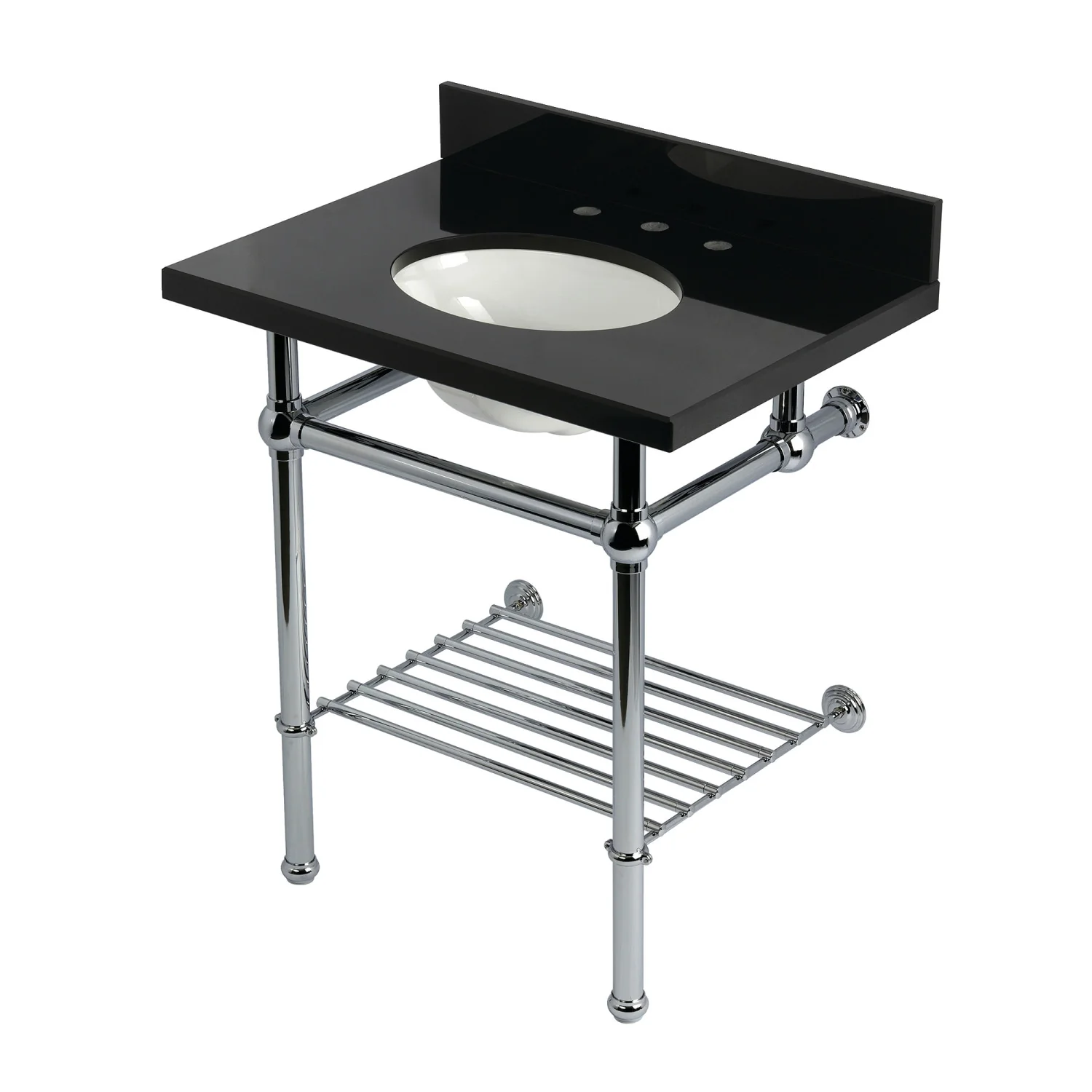 Kingston Heirloom KVPK30KBB1 - Templeton 30-Inch Black Granite Console Sink with Brass Legs and Shelf (8-Inch, 3-Hole), Black Granite/Polished Chrome