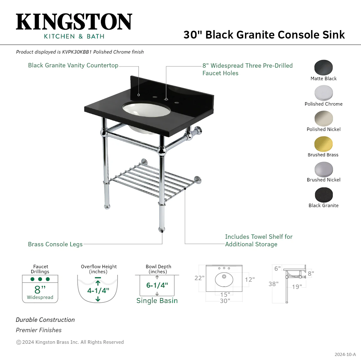 Kingston Heirloom KVPK30KBB6 - Templeton 30-Inch Black Granite Console Sink with Brass Legs and Shelf (8-Inch, 3-Hole), Black Granite/Polished Nickel - Image 2