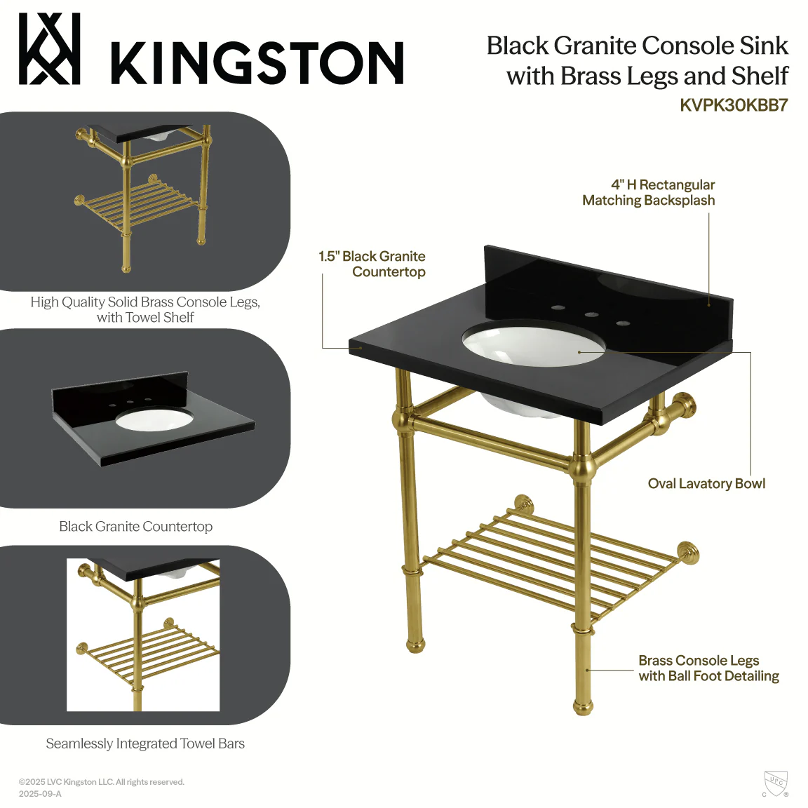 Kingston Heirloom KVPK30KBB6 - Templeton 30-Inch Black Granite Console Sink with Brass Legs and Shelf (8-Inch, 3-Hole), Black Granite/Polished Nickel - Image 3