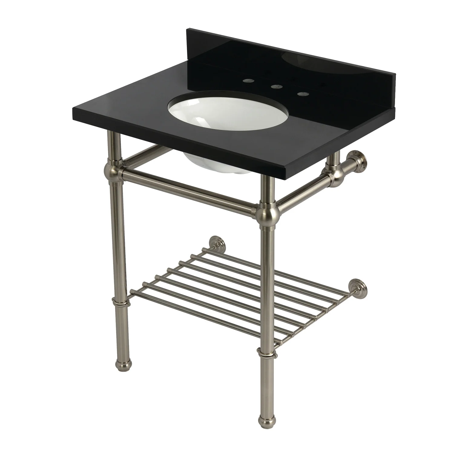 Kingston Heirloom KVPK30KBB8 - Templeton 30-Inch Black Granite Console Sink with Brass Legs and Shelf (8-Inch, 3-Hole), Black Granite/Brushed Nickel