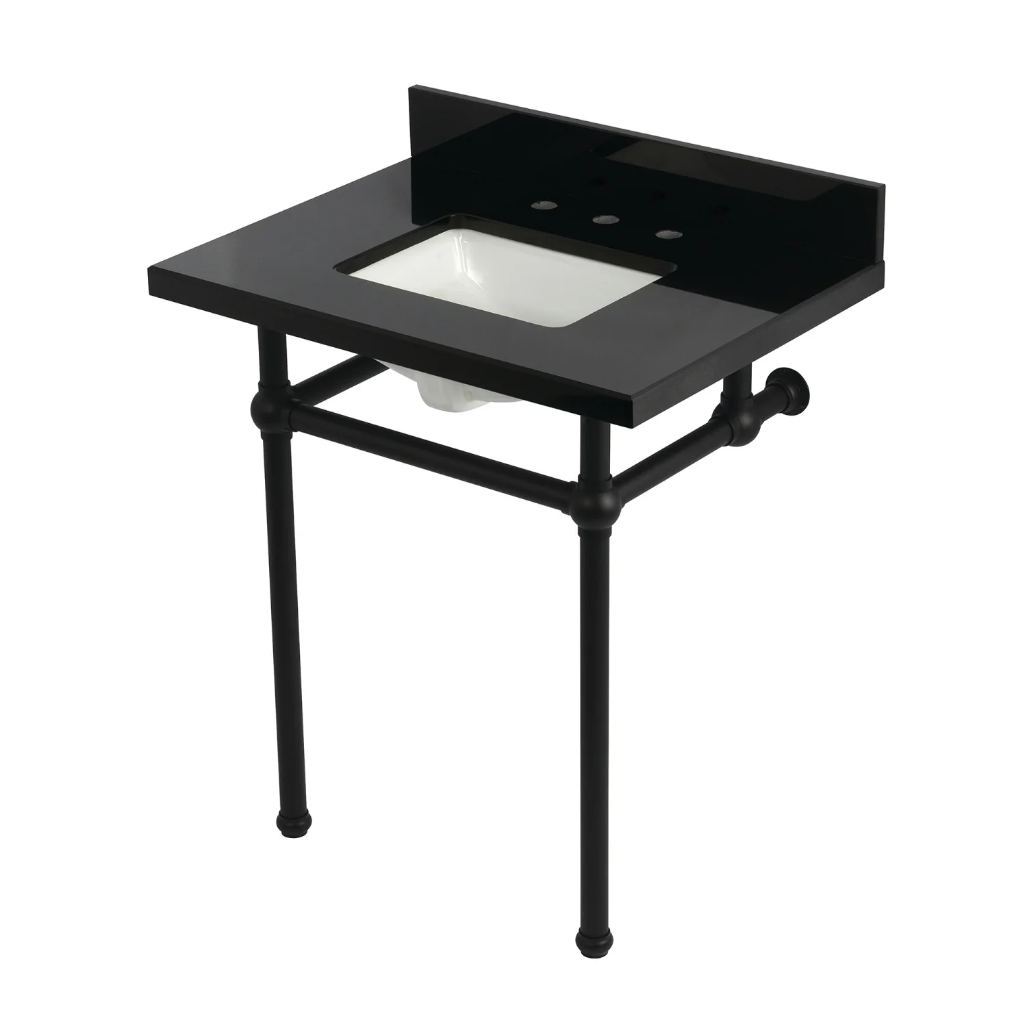 Kingston Heirloom KVPK30KBSQ0 - Templeton 30-Inch Black Granite Console Sink with Brass Legs (8-Inch, 3-Hole), Black Granite/Matte Black