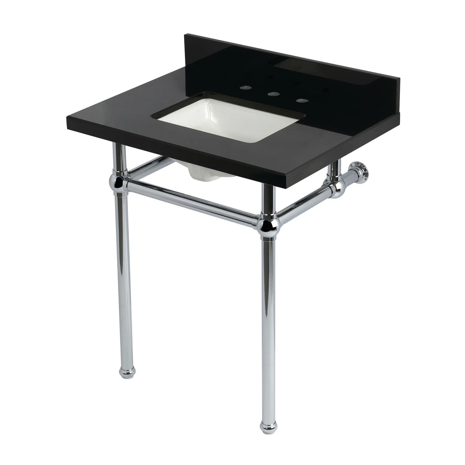 Kingston Heirloom KVPK30KBSQ1 - Templeton 30-Inch Black Granite Console Sink with Brass Legs (8-Inch, 3-Hole), Black Granite/Polished Chrome