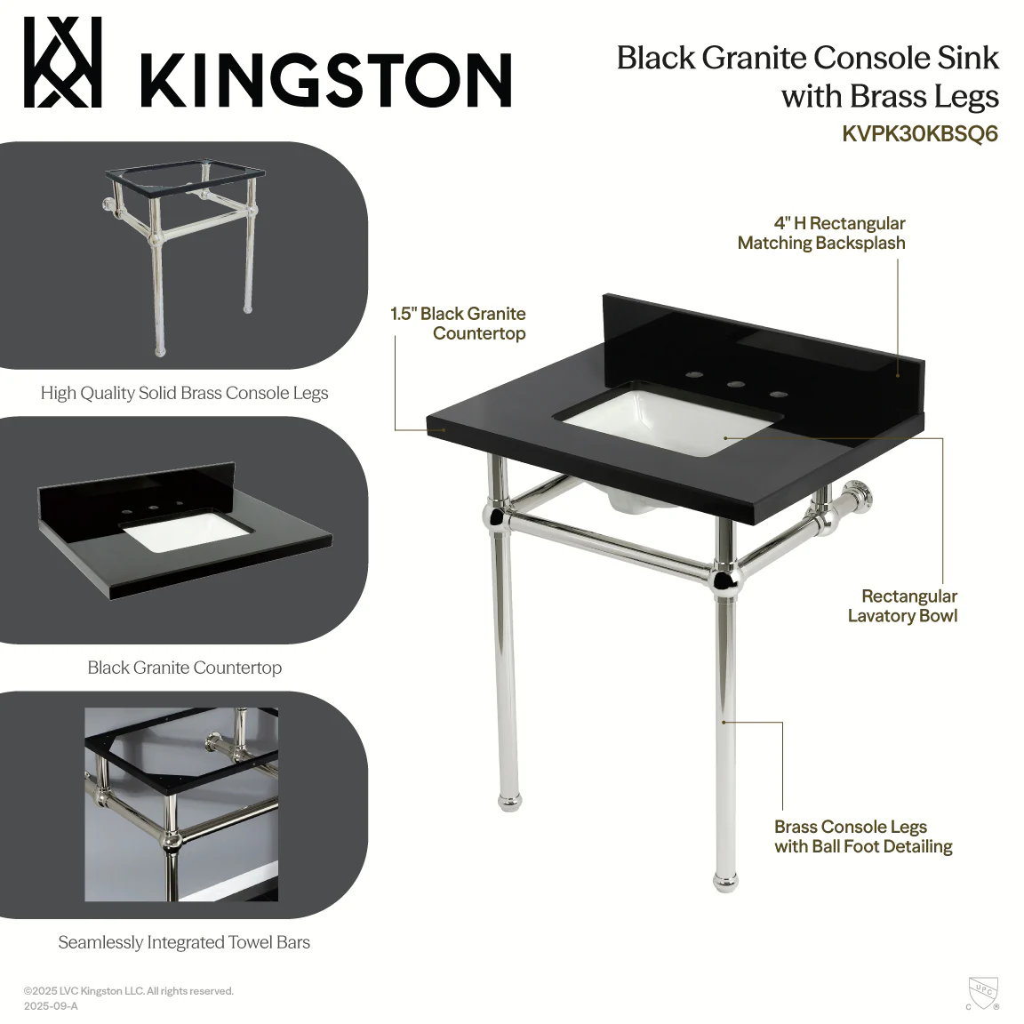 Kingston Heirloom KVPK30KBSQ1 - Templeton 30-Inch Black Granite Console Sink with Brass Legs (8-Inch, 3-Hole), Black Granite/Polished Chrome - Image 3