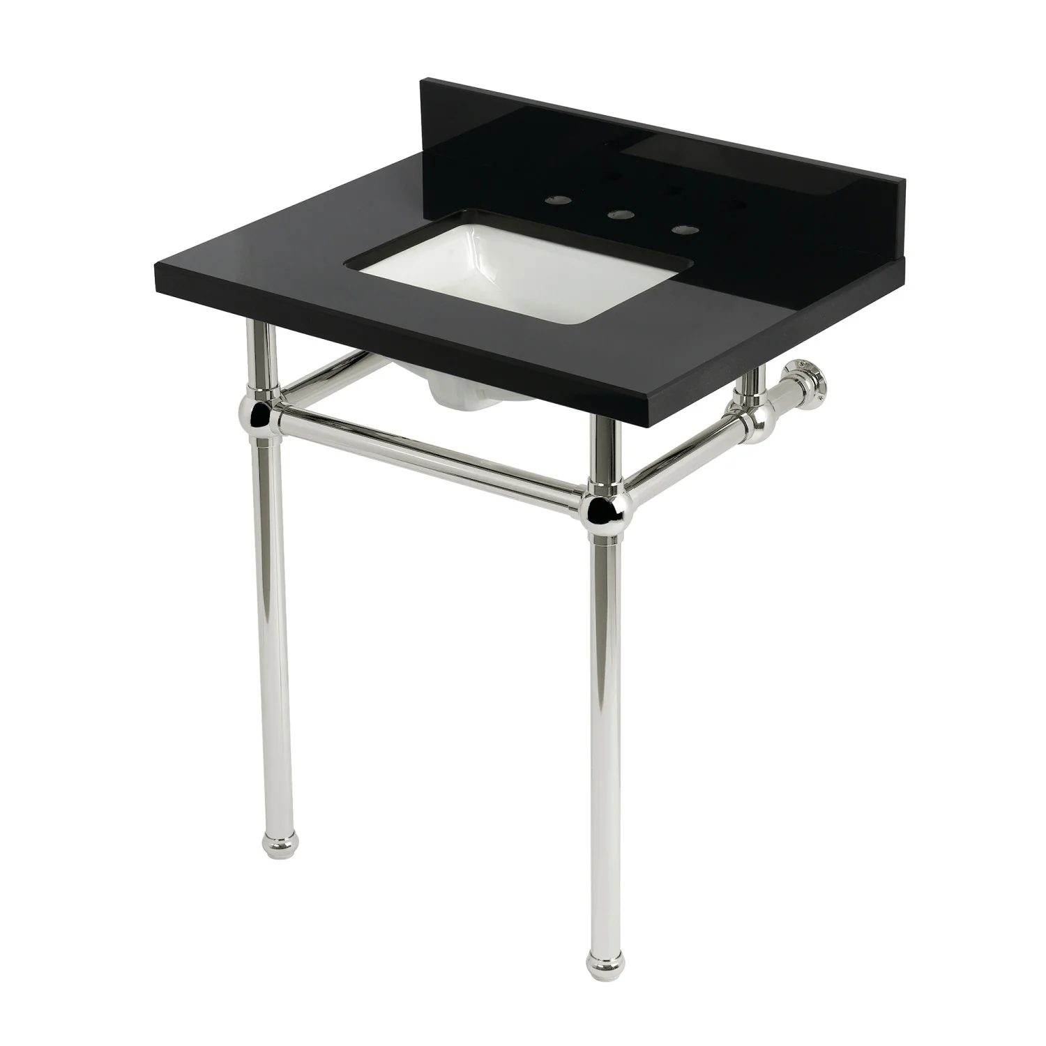 Kingston Heirloom KVPK30KBSQ6 - Templeton 30-Inch Black Granite Console Sink with Brass Legs (8-Inch, 3-Hole), Black Granite/Polished Nickel