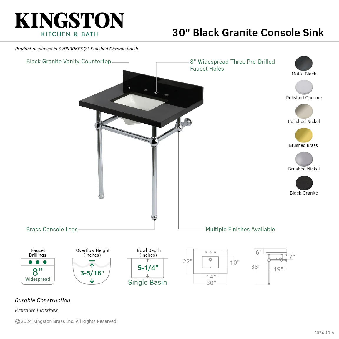 Kingston Heirloom KVPK30KBSQ7 - Templeton 30-Inch Black Granite Console Sink with Brass Legs (8-Inch, 3-Hole), Black Granite/Brushed Brass - Image 2