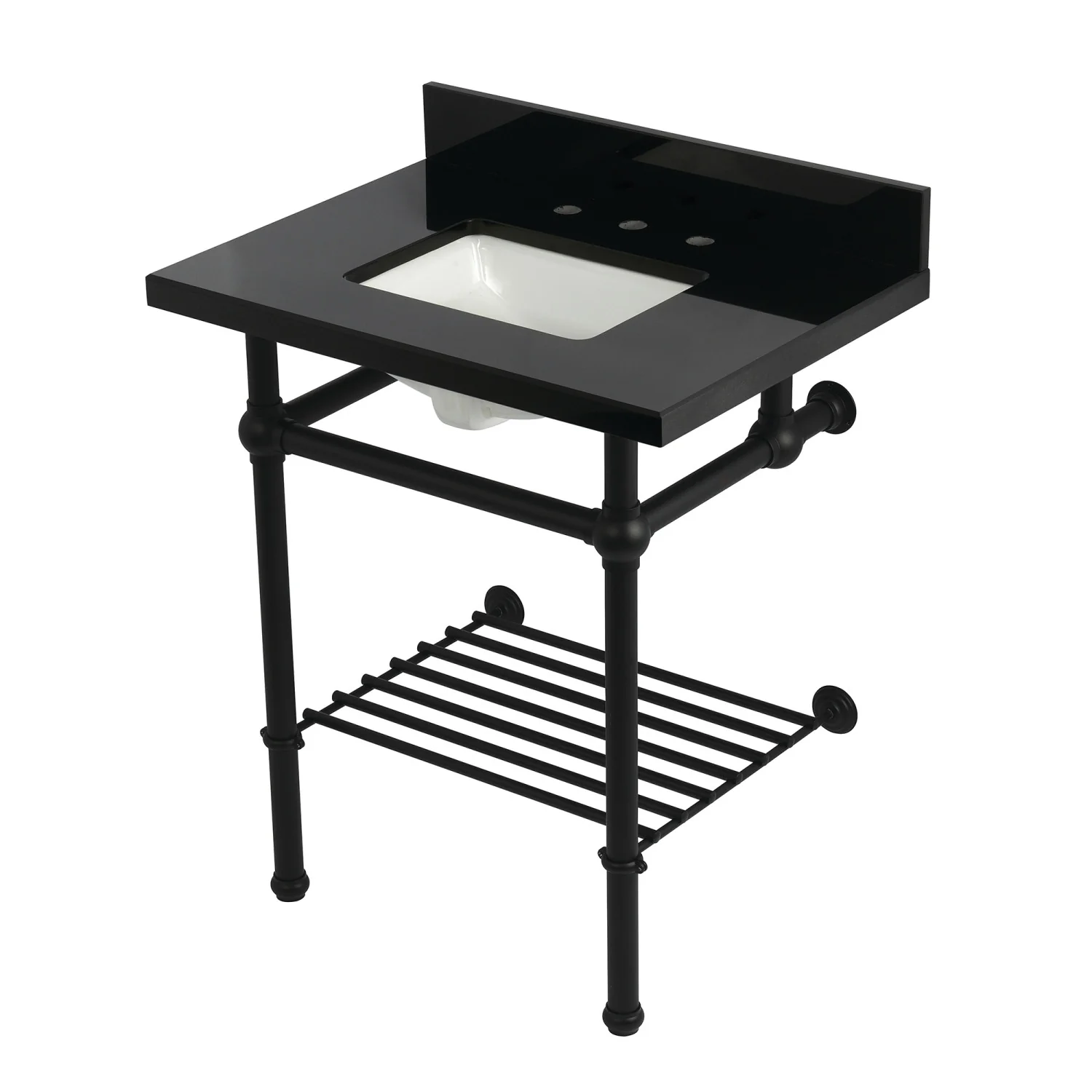 Kingston Heirloom KVPK30KBSQB0 - Templeton 30-Inch Black Granite Console Sink with Brass Legs and Shelf (8-Inch, 3-Hole), Black Granite/Matte Black