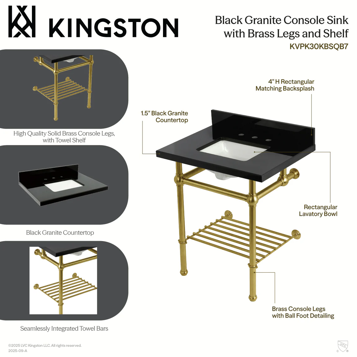 Kingston Heirloom KVPK30KBSQB0 - Templeton 30-Inch Black Granite Console Sink with Brass Legs and Shelf (8-Inch, 3-Hole), Black Granite/Matte Black - Image 3