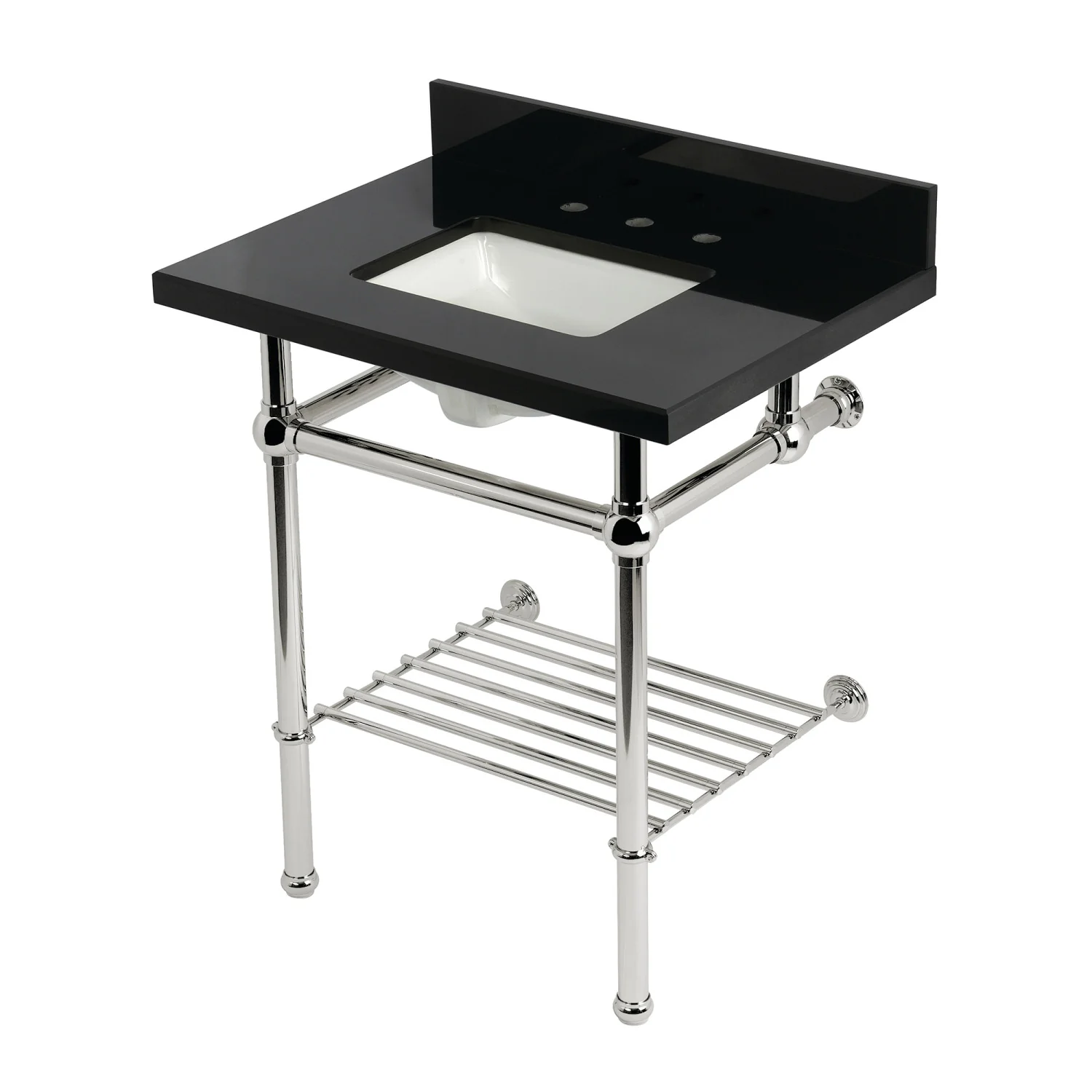 Kingston Heirloom KVPK30KBSQB6 - Templeton 30-Inch Black Granite Console Sink with Brass Legs and Shelf (8-Inch, 3-Hole), Black Granite/Polished Nickel