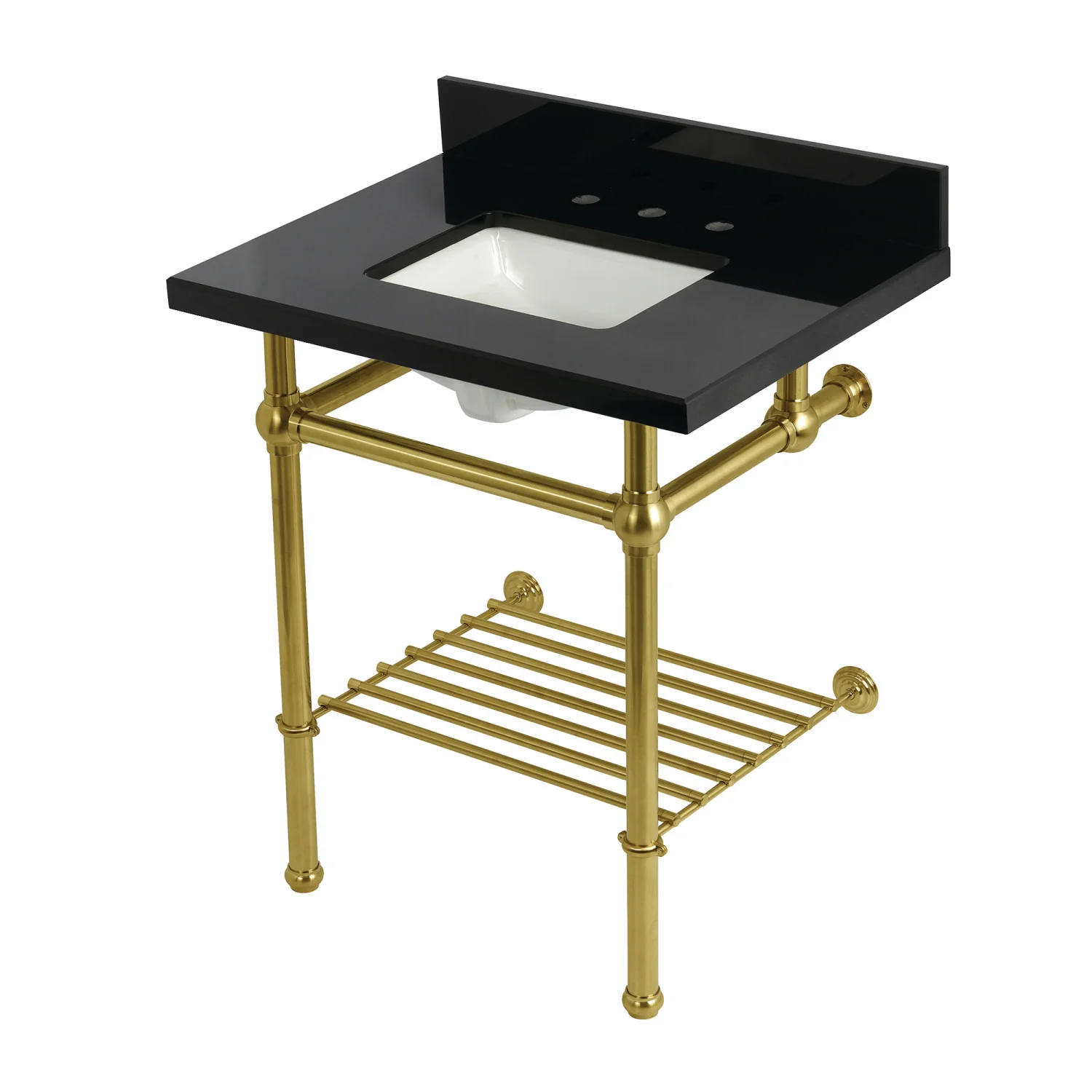 Kingston Heirloom KVPK30KBSQB7 - Templeton 30-Inch Black Granite Console Sink with Brass Legs and Shelf (8-Inch, 3-Hole), Black Granite/Brushed Brass