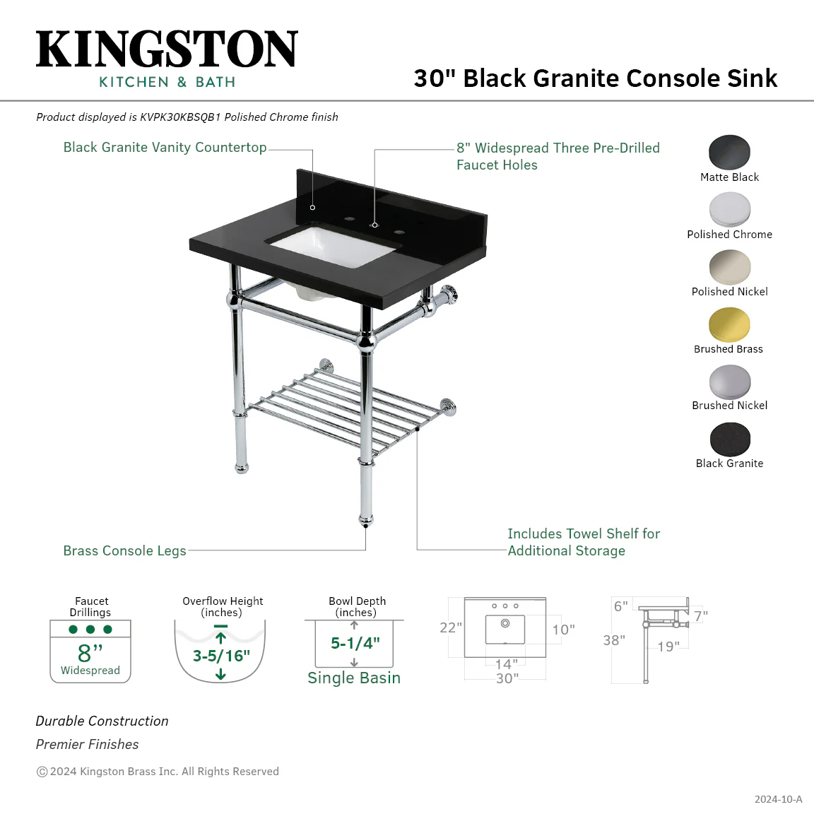 Kingston Heirloom KVPK30KBSQB7 - Templeton 30-Inch Black Granite Console Sink with Brass Legs and Shelf (8-Inch, 3-Hole), Black Granite/Brushed Brass - Image 2