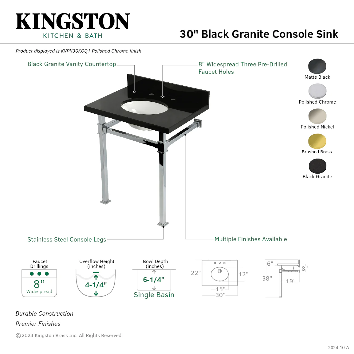 Kingston Sona KVPK30KOQ0 - Monarch 30-Inch Black Granite Console Sink with Stainless Steel Legs (8-Inch, 3-Hole), Black Granite/Matte Black - Image 2