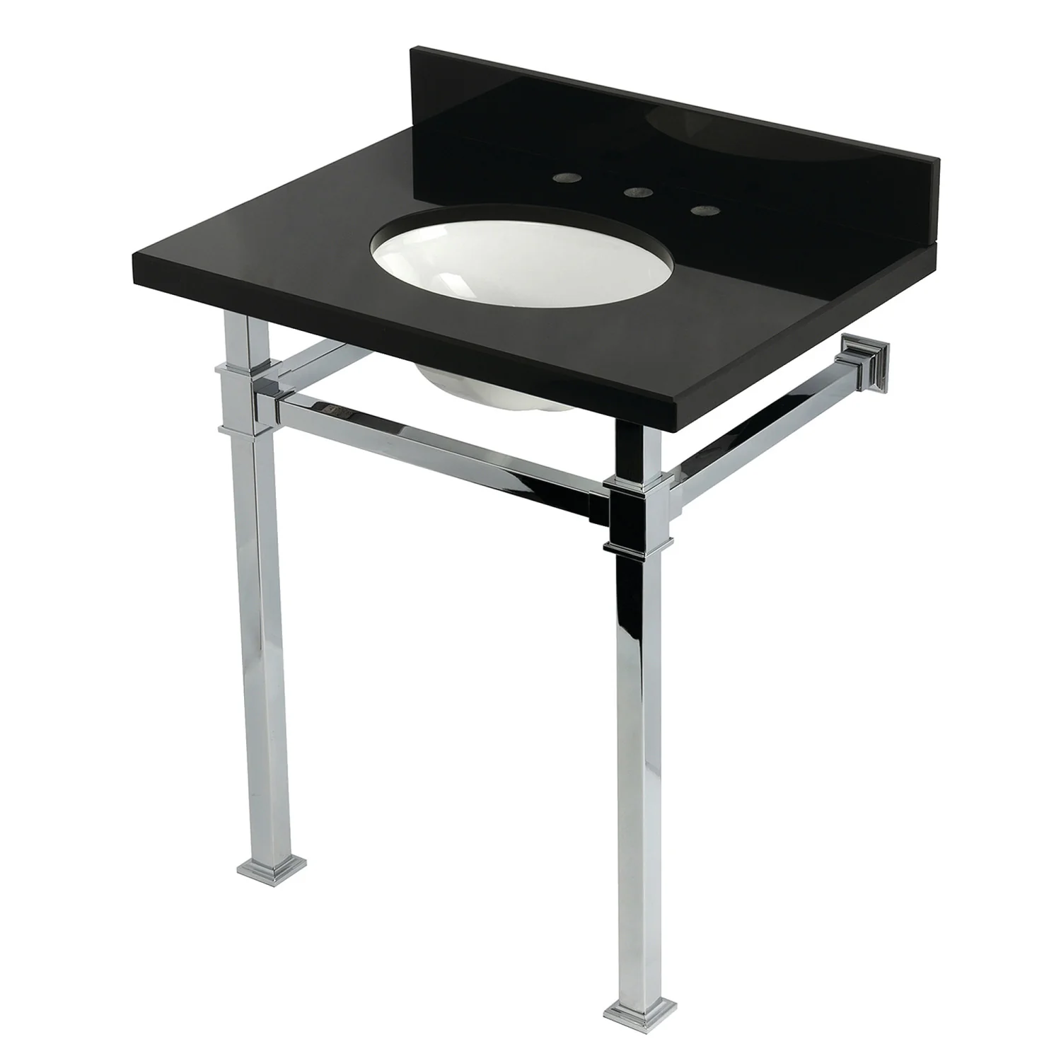 Kingston Sona KVPK30KOQ1 - Monarch 30-Inch Black Granite Console Sink with Stainless Steel Legs (8-Inch, 3-Hole), Black Granite/Polished Chrome