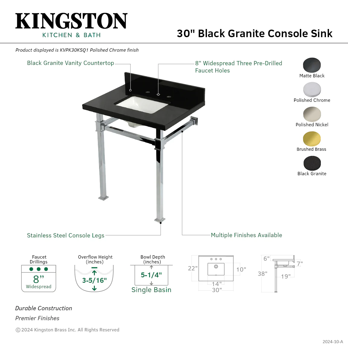 Kingston Sona KVPK30KSQ0 - Monarch 30-Inch Black Granite Console Sink with Stainless Steel Legs (8-Inch, 3-Hole), Black Granite/Matte Black - Image 2