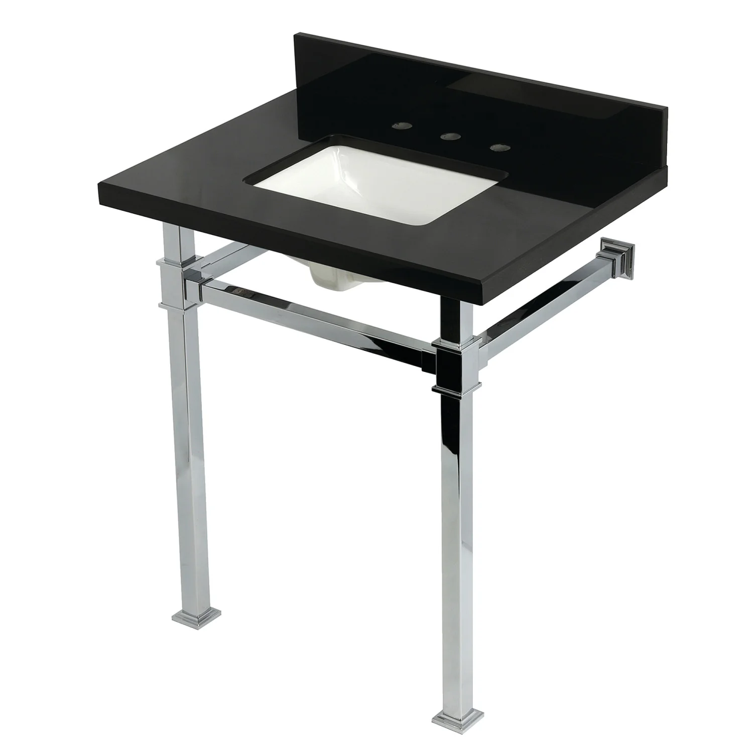 Kingston Sona KVPK30KSQ1 - Monarch 30-Inch Black Granite Console Sink with Stainless Steel Legs (8-Inch, 3-Hole), Black Granite/Polished Chrome