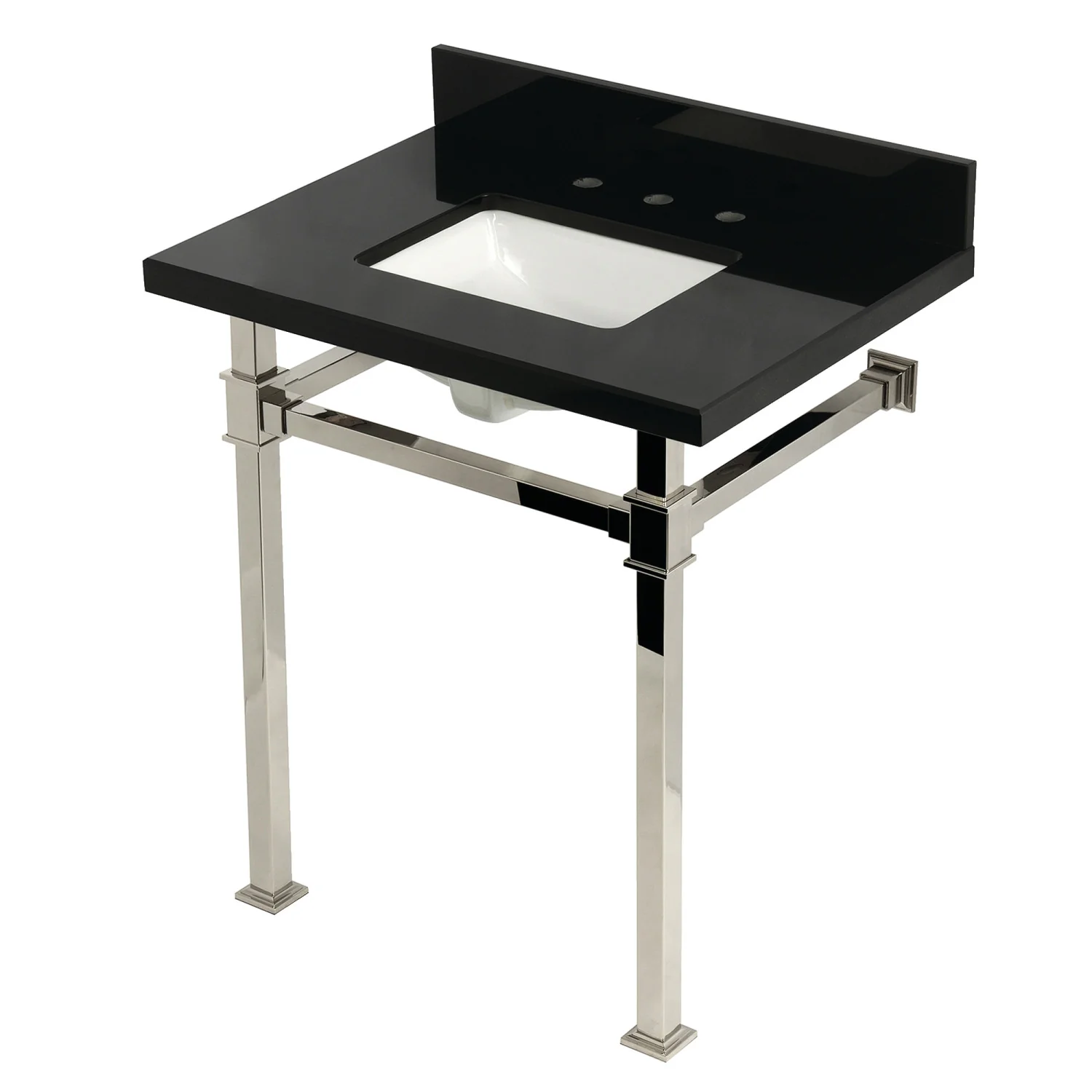 Kingston Sona KVPK30KSQ6 - Monarch 30-Inch Black Granite Console Sink with Stainless Steel Legs (8-Inch, 3-Hole), Black Granite/Polished Nickel