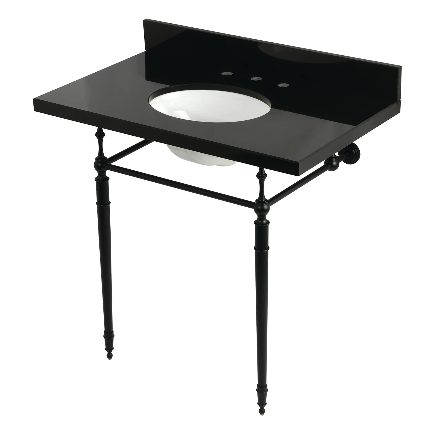 Kingston Heirloom KVPK3622K80 - Edwardian 36-Inch Black Granite Console Sink with Brass Legs (8-Inch, 3-Hole), Black Granite/Matte Black