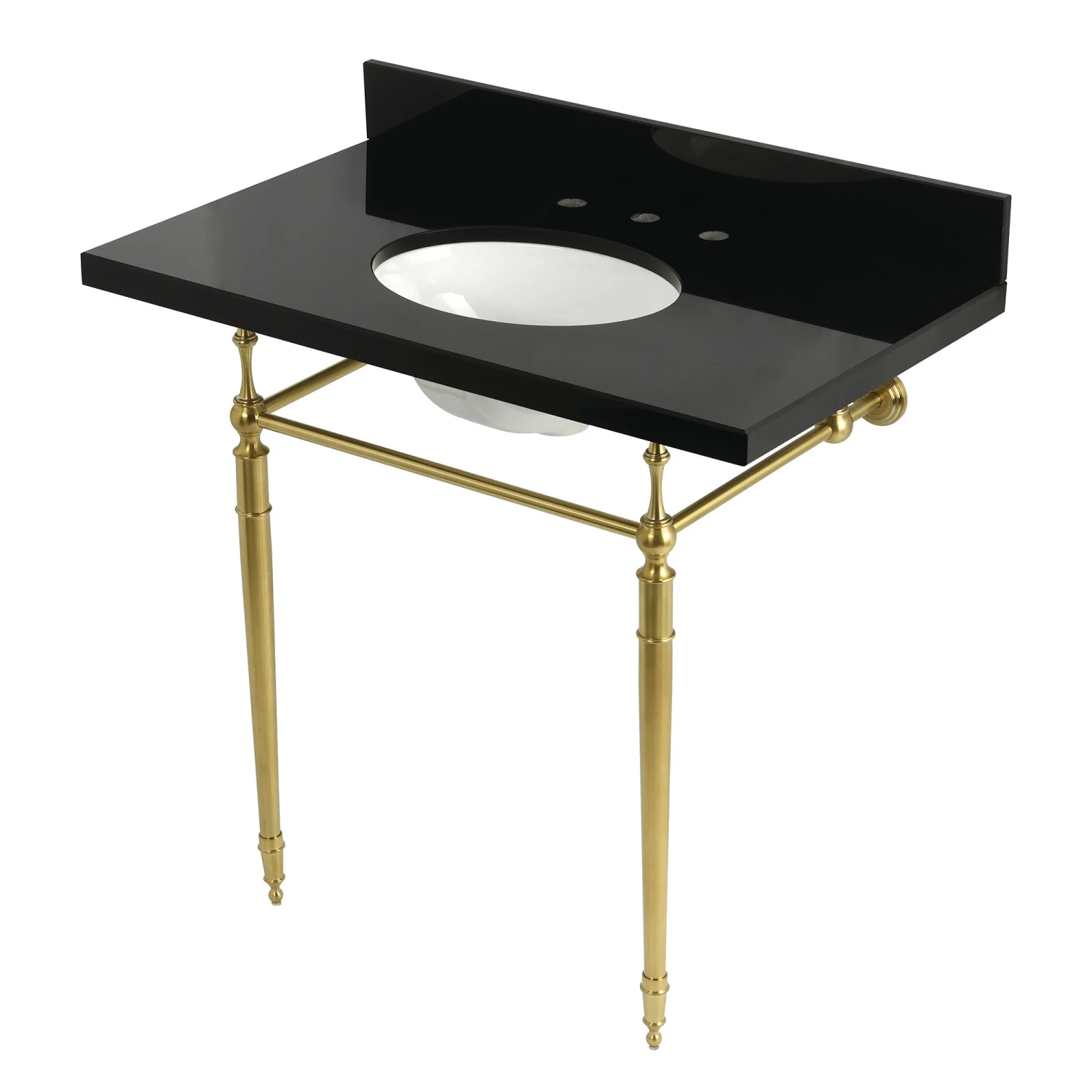Kingston Heirloom KVPK3622K87 - Edwardian 36-Inch Black Granite Console Sink with Brass Legs (8-Inch, 3-Hole), Black Granite/Brushed Brass