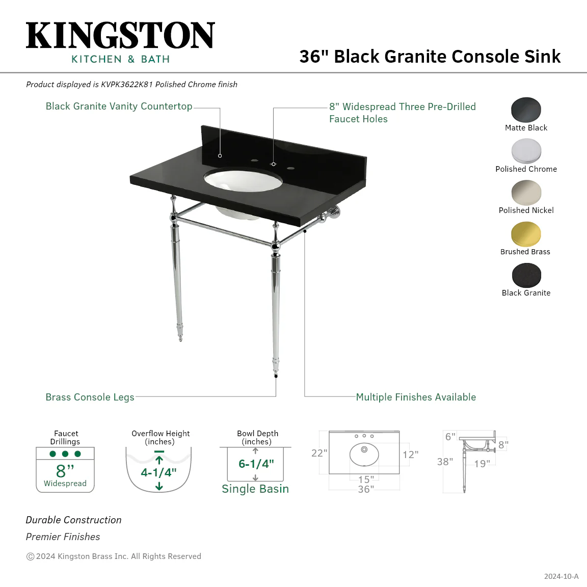 Kingston Heirloom KVPK3622K87 - Edwardian 36-Inch Black Granite Console Sink with Brass Legs (8-Inch, 3-Hole), Black Granite/Brushed Brass - Image 2