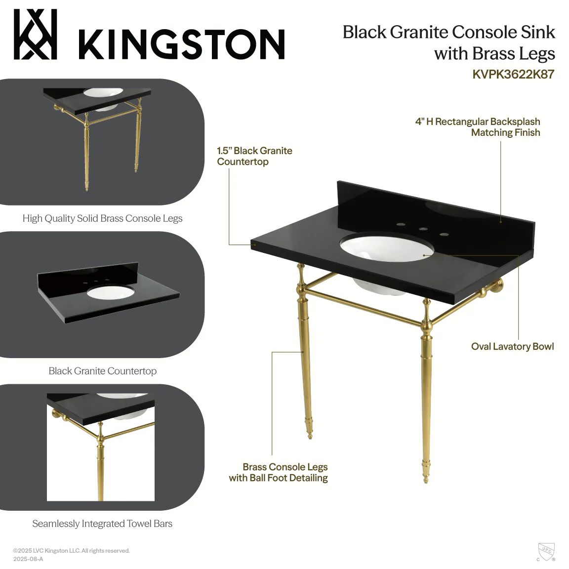 Kingston Heirloom KVPK3622K87 - Edwardian 36-Inch Black Granite Console Sink with Brass Legs (8-Inch, 3-Hole), Black Granite/Brushed Brass - Image 3