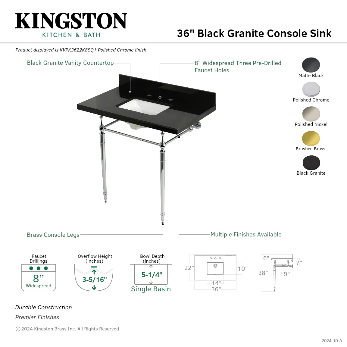 Kingston Heirloom KVPK3622K8SQ7 - Edwardian 36-Inch Black Granite Console Sink with Brass Legs (8-Inch, 3-Hole), Black Granite/Brushed Brass - Image 2