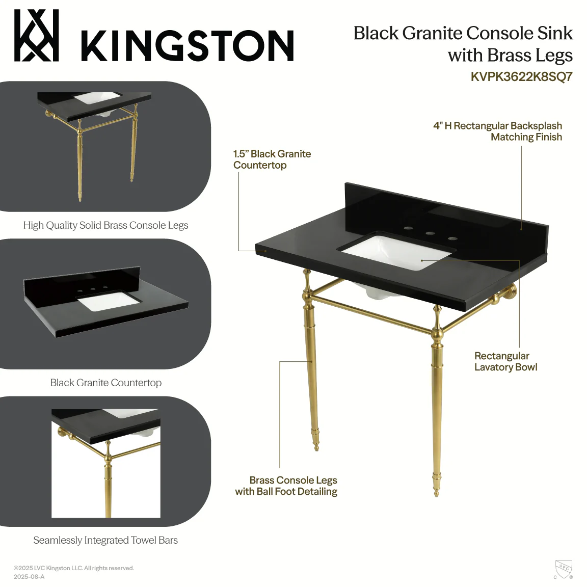 Kingston Heirloom KVPK3622K8SQ7 - Edwardian 36-Inch Black Granite Console Sink with Brass Legs (8-Inch, 3-Hole), Black Granite/Brushed Brass - Image 3