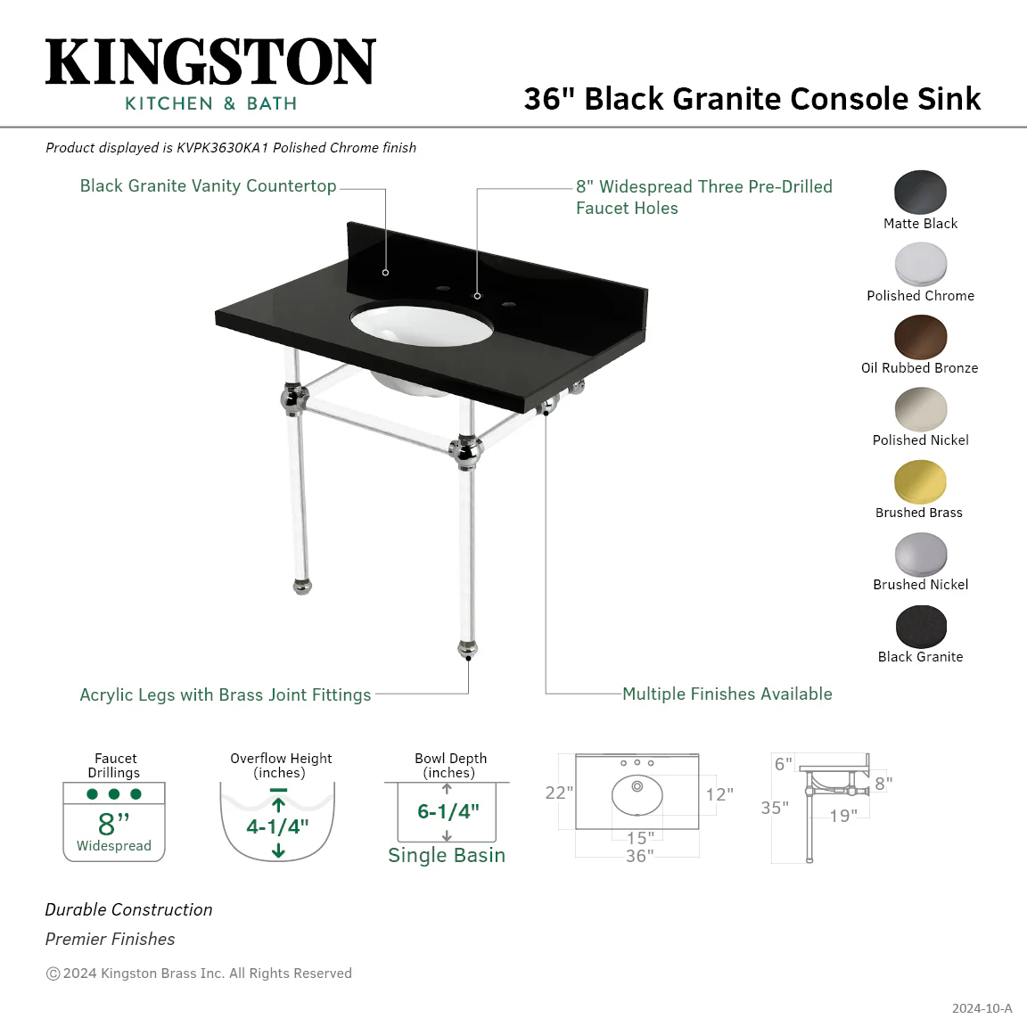 Kingston Tulare KVPK3630KA0 - Templeton 36-Inch Black Granite Console Sink with Acrylic Legs (8-Inch, 3-Hole), Black Granite/Matte Black - Image 2