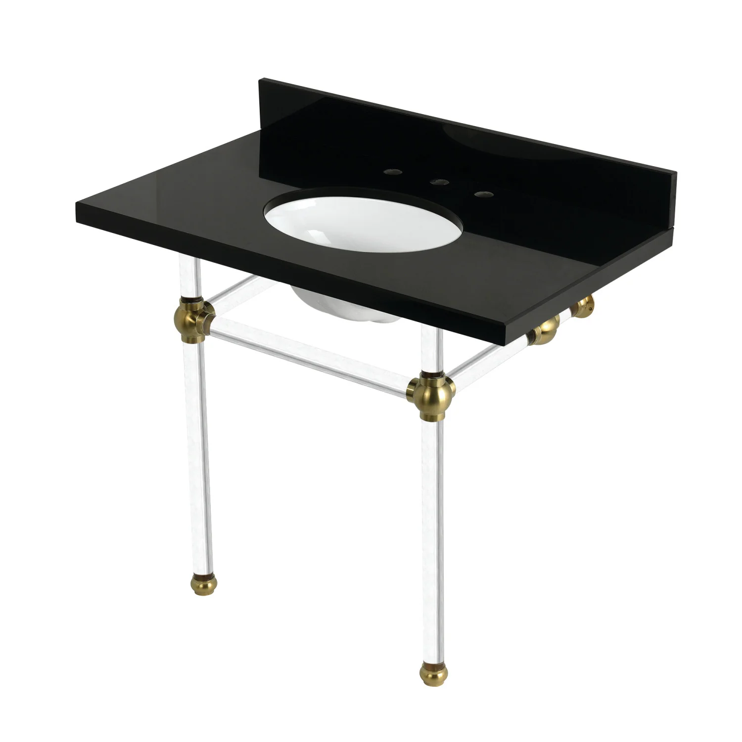 Kingston Tulare KVPK3630KA7 - Templeton 36-Inch Black Granite Console Sink with Acrylic Legs (8-Inch, 3-Hole), Black Granite/Brushed Brass