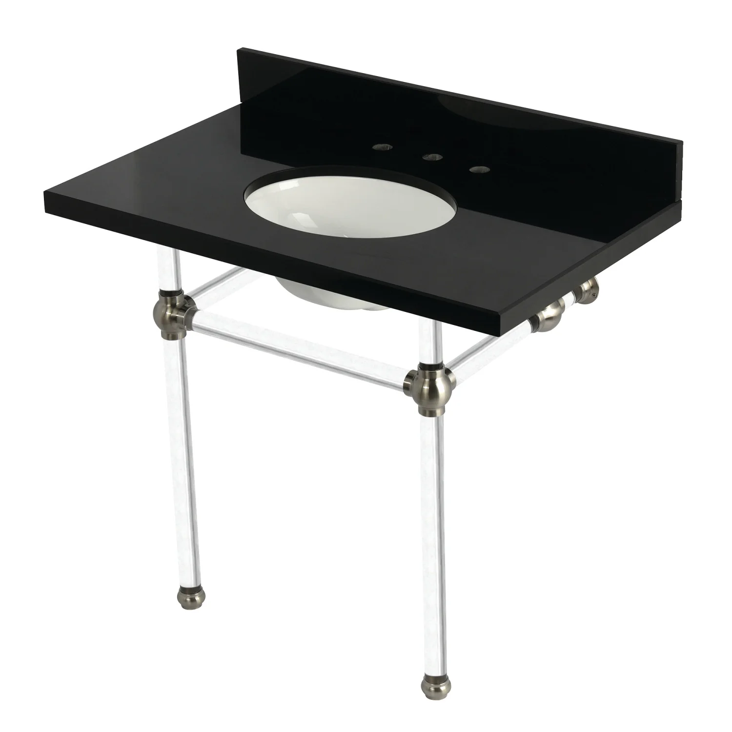 Kingston Tulare KVPK3630KA8 - Templeton 36-Inch Black Granite Console Sink with Acrylic Legs (8-Inch, 3-Hole), Black Granite/Brushed Nickel