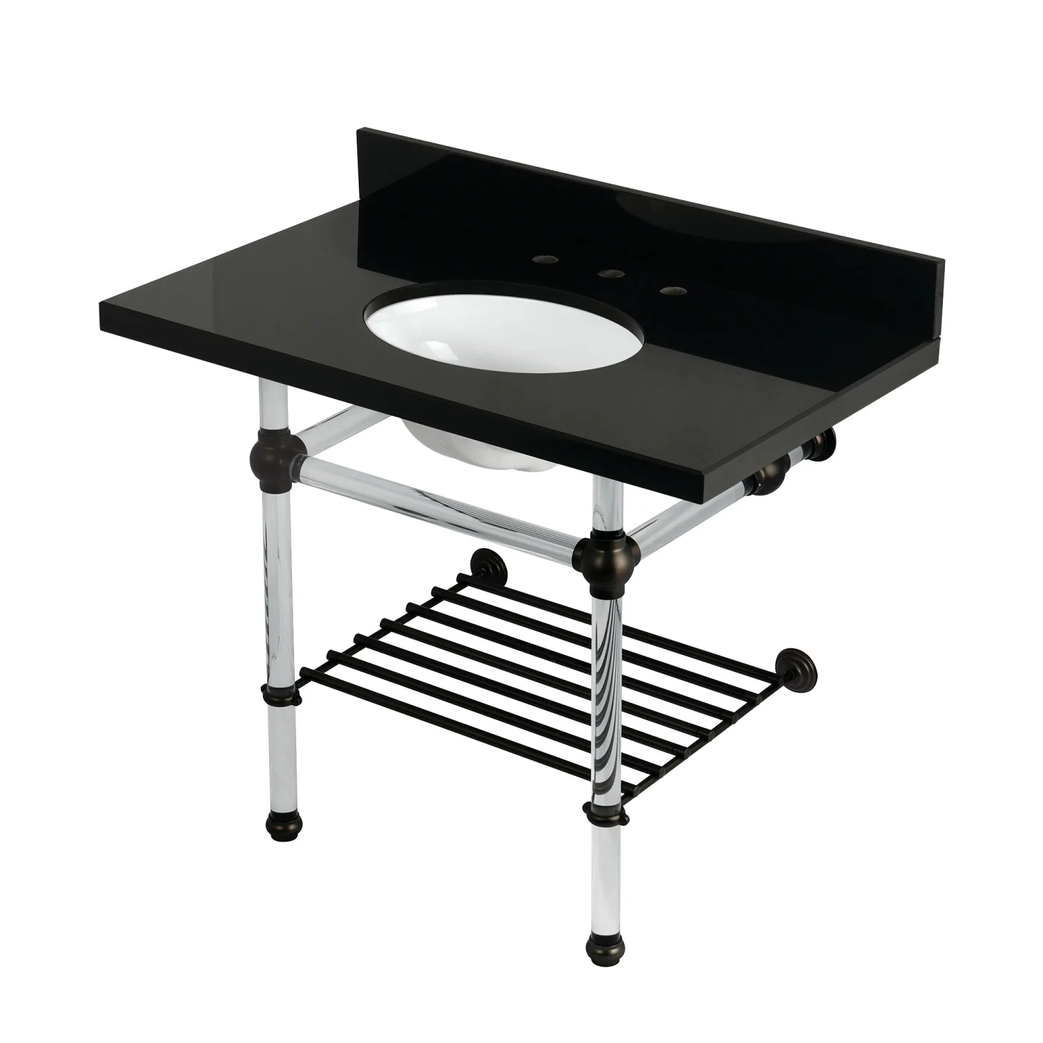 Kingston Tulare KVPK3630KAB5 - Templeton 36-Inch Black Granite Console Sink with Acrylic Legs and Shelf (8-Inch, 3-Hole), Black Granite/Oil Rubbed Bronze