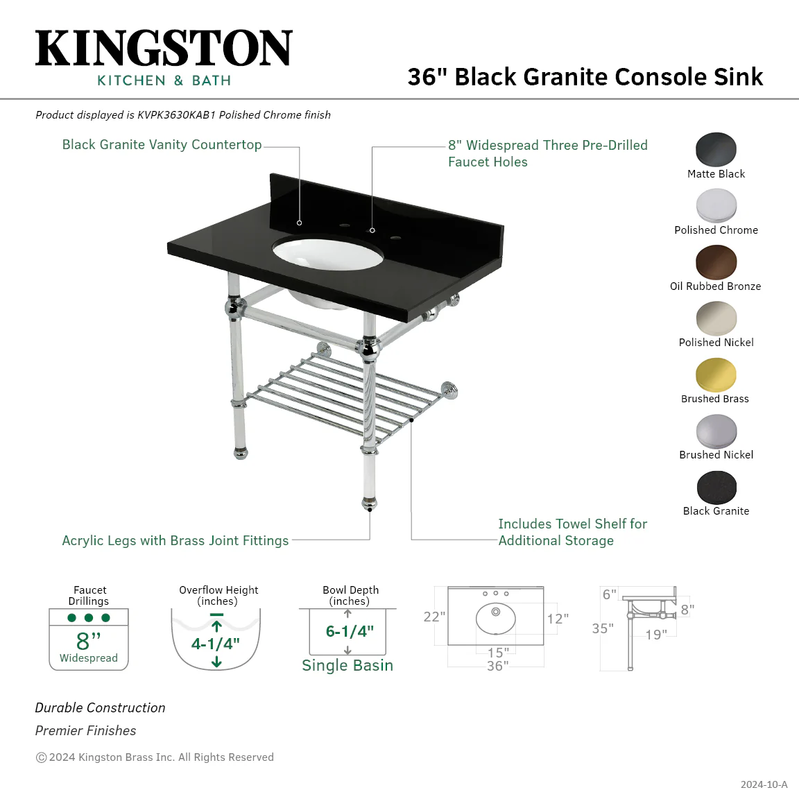 Kingston Tulare KVPK3630KAB5 - Templeton 36-Inch Black Granite Console Sink with Acrylic Legs and Shelf (8-Inch, 3-Hole), Black Granite/Oil Rubbed Bronze - Image 2