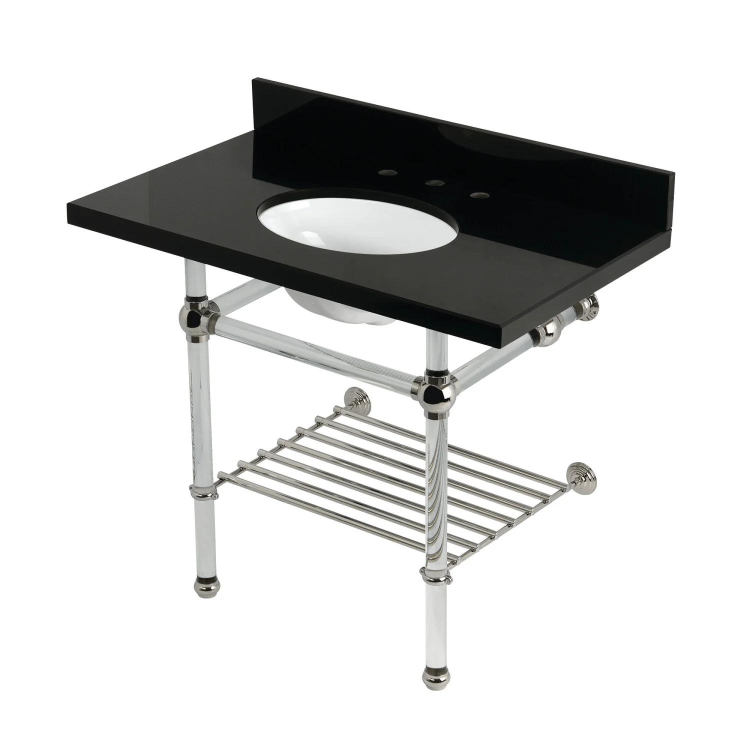 Kingston Tulare KVPK3630KAB6 - Templeton 36-Inch Black Granite Console Sink with Acrylic Legs and Shelf (8-Inch, 3-Hole), Black Granite/Polished Nickel
