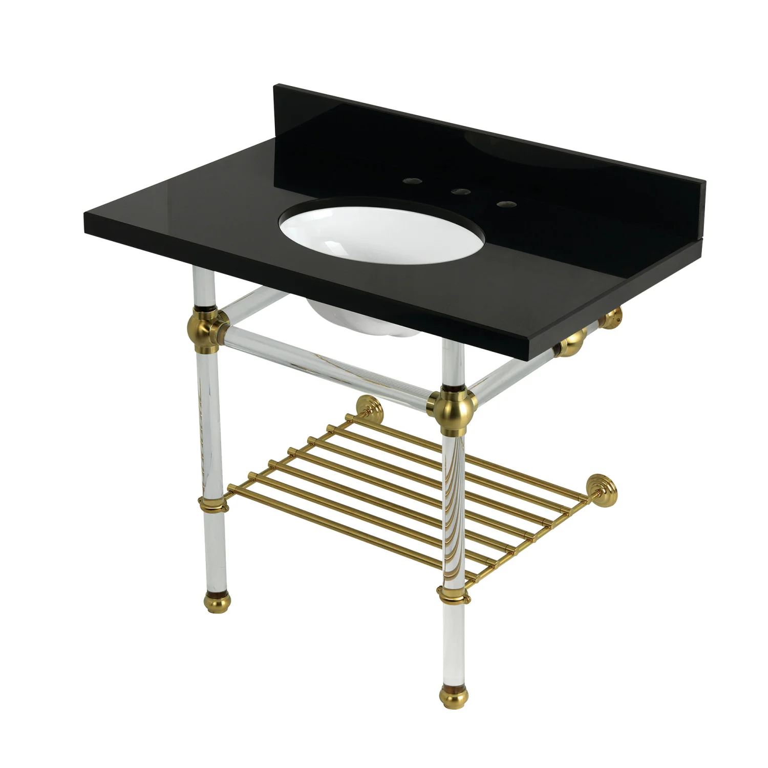 Kingston Tulare KVPK3630KAB7 - Templeton 36-Inch Black Granite Console Sink with Acrylic Legs and Shelf (8-Inch, 3-Hole), Black Granite/Brushed Brass