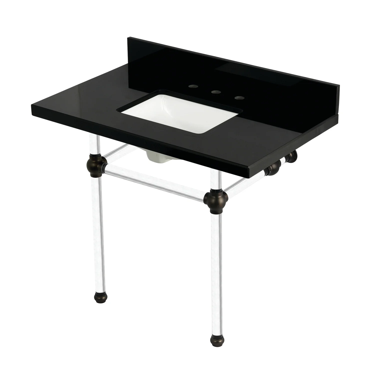 Kingston Tulare KVPK3630KASQ5 - Templeton 36-Inch Black Granite Console Sink with Acrylic Legs (8-Inch, 3-Hole), Black Granite/Oil Rubbed Bronze