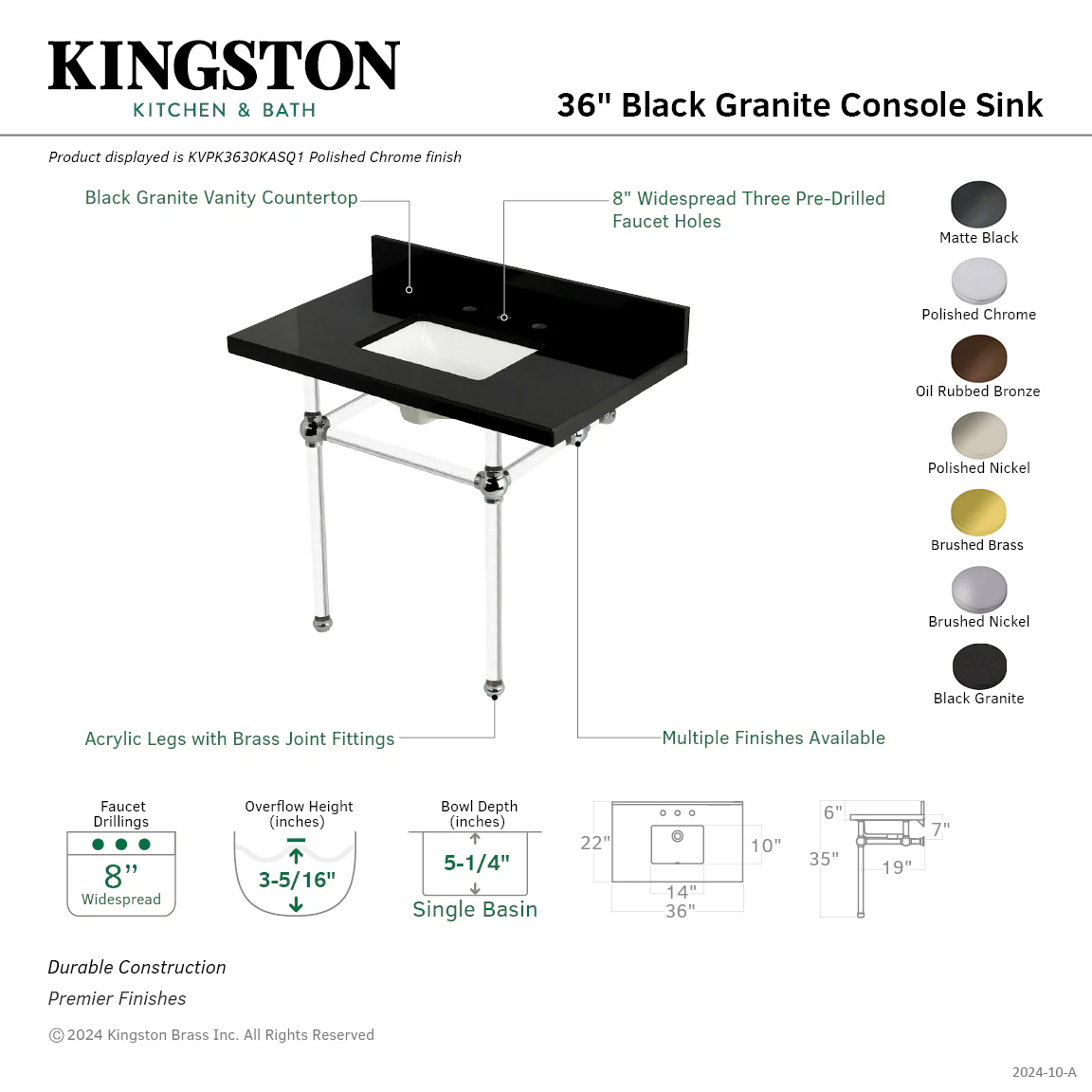 Kingston Tulare KVPK3630KASQ5 - Templeton 36-Inch Black Granite Console Sink with Acrylic Legs (8-Inch, 3-Hole), Black Granite/Oil Rubbed Bronze - Image 2