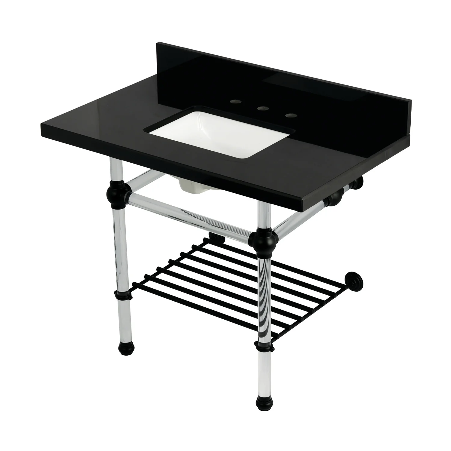 Kingston Tulare KVPK3630KASQB0 - Templeton 36-Inch Black Granite Console Sink with Acrylic Legs and Shelf (8-Inch, 3-Hole), Black Granite/Matte Black