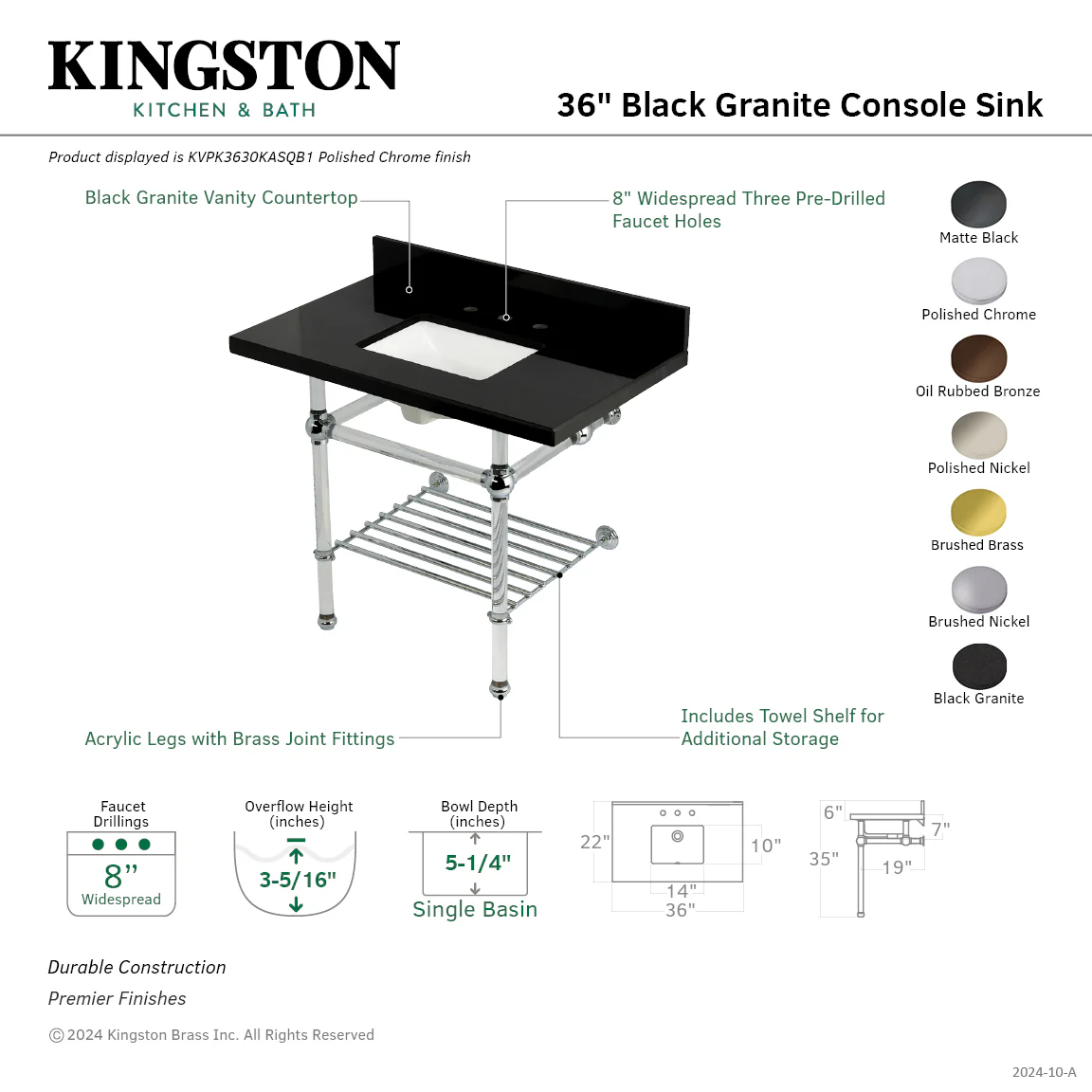 Kingston Tulare KVPK3630KASQB0 - Templeton 36-Inch Black Granite Console Sink with Acrylic Legs and Shelf (8-Inch, 3-Hole), Black Granite/Matte Black - Image 2