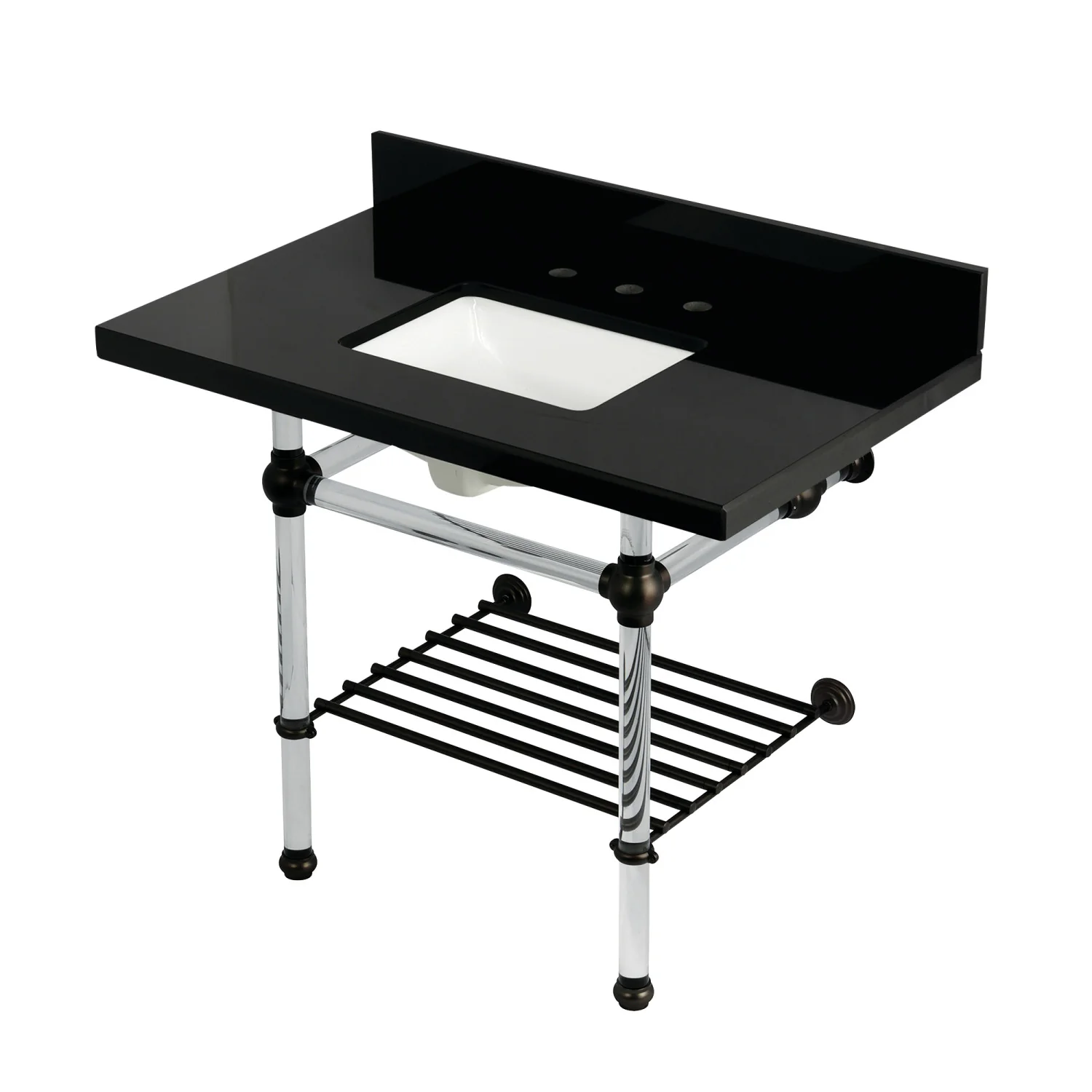Kingston Tulare KVPK3630KASQB5 - Templeton 36-Inch Black Granite Console Sink with Acrylic Legs and Shelf (8-Inch, 3-Hole), Black Granite/Oil Rubbed Bronze