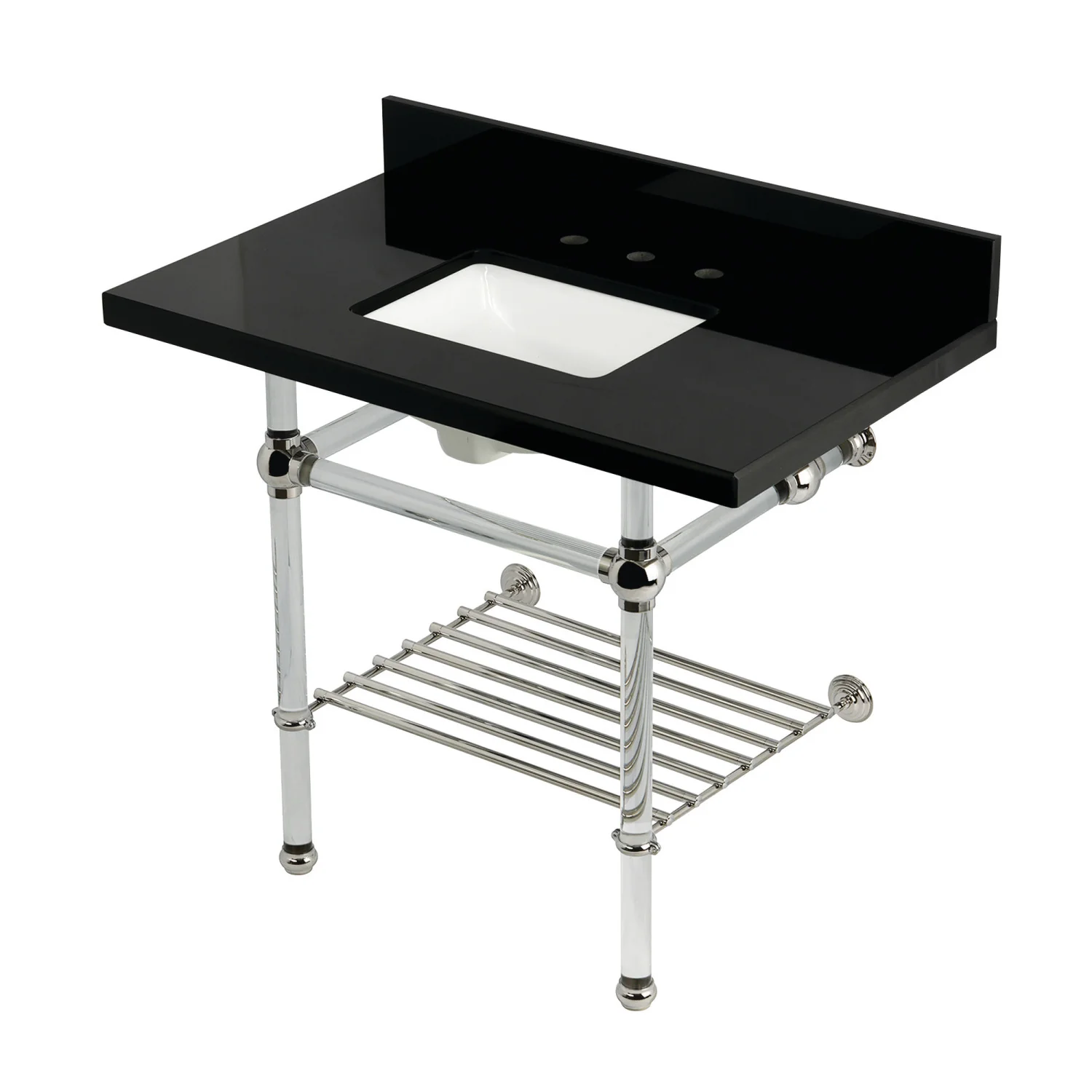 Kingston Tulare KVPK3630KASQB6 - Templeton 36-Inch Black Granite Console Sink with Acrylic Legs and Shelf (8-Inch, 3-Hole), Black Granite/Polished Nickel