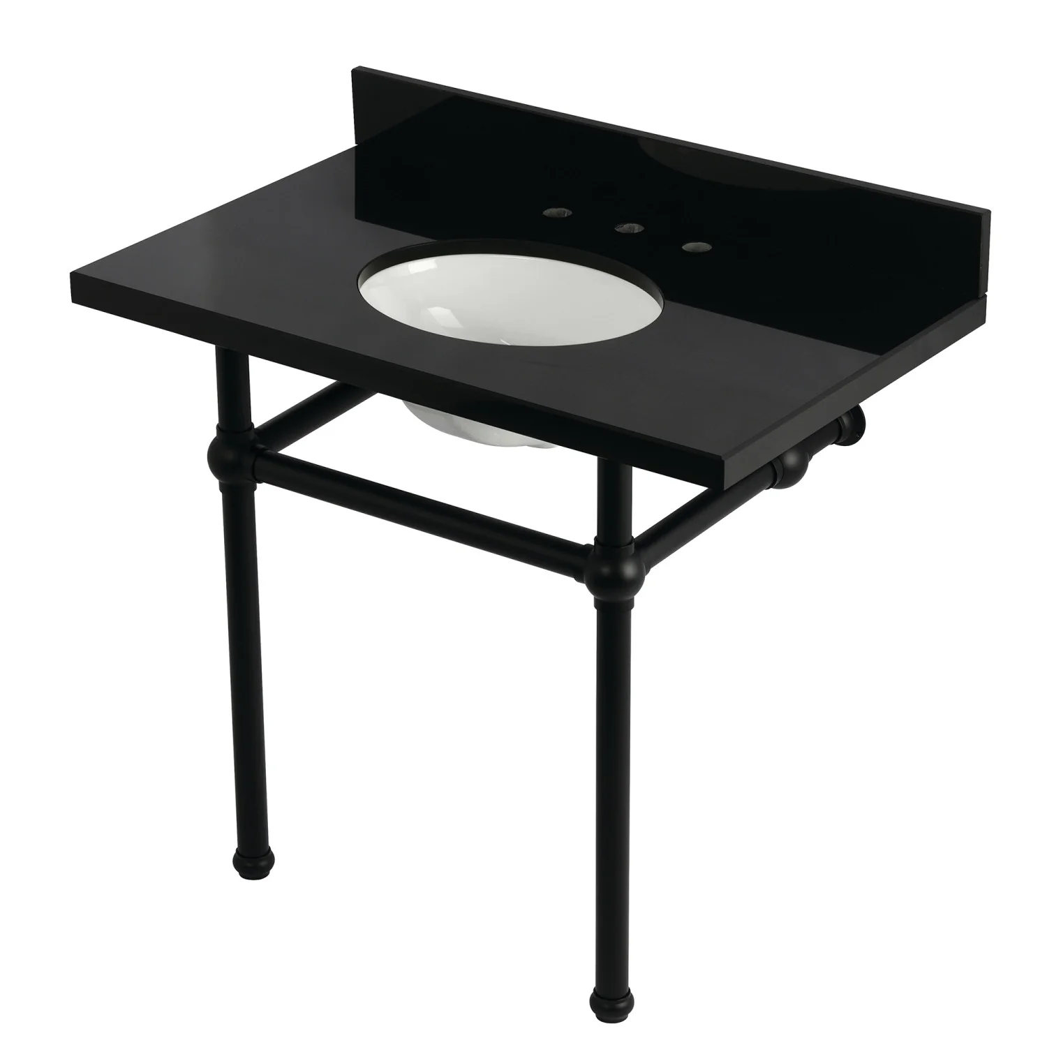 Kingston Heirloom KVPK3630KB0 - Templeton 36-Inch Black Granite Console Sink with Brass Legs (8-Inch, 3-Hole), Black Granite/Matte Black