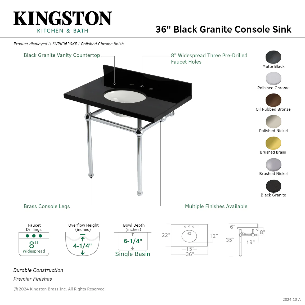 Kingston Heirloom KVPK3630KB6 - Templeton 36-Inch Black Granite Console Sink with Brass Legs (8-Inch, 3-Hole), Black Granite/Polished Nickel - Image 2