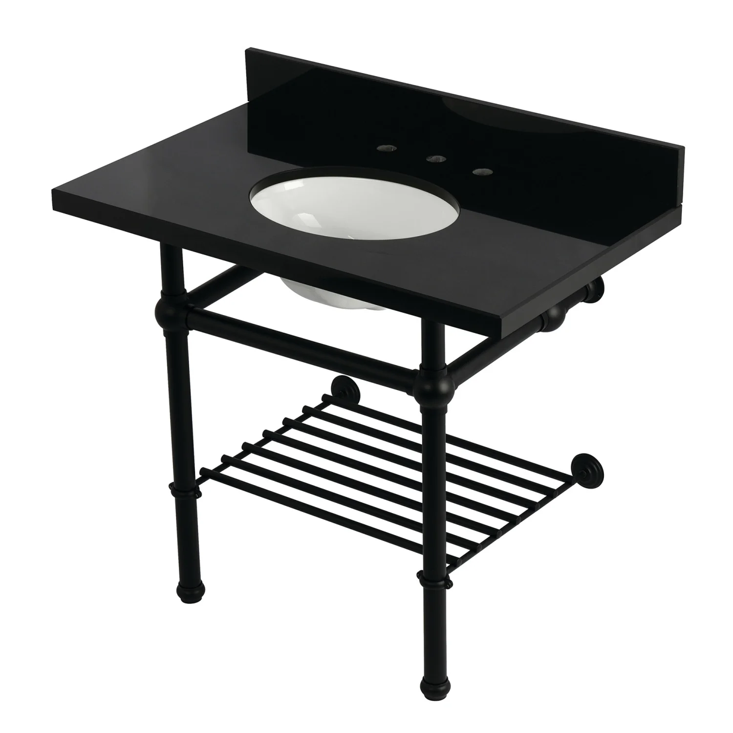 Kingston Heirloom KVPK3630KBB0 - Templeton 36-Inch Black Granite Console Sink with Brass Legs and Shelf (8-Inch, 3-Hole), Black Granite/Matte Black