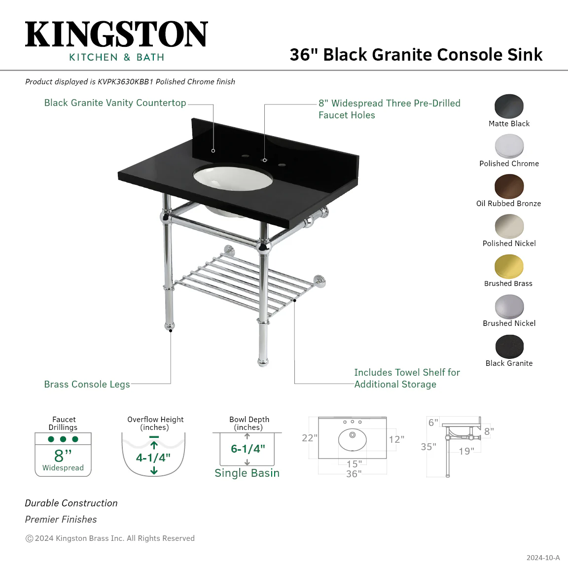Kingston Heirloom KVPK3630KBB0 - Templeton 36-Inch Black Granite Console Sink with Brass Legs and Shelf (8-Inch, 3-Hole), Black Granite/Matte Black - Image 2
