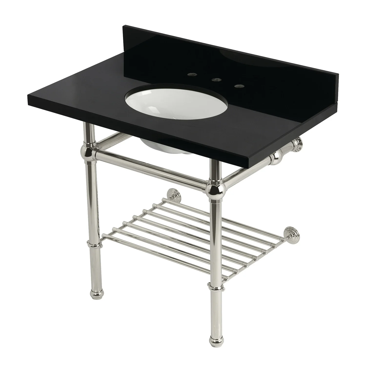 Kingston Heirloom KVPK3630KBB6 - Templeton 36-Inch Black Granite Console Sink with Brass Legs and Shelf (8-Inch, 3-Hole), Black Granite/Polished Nickel