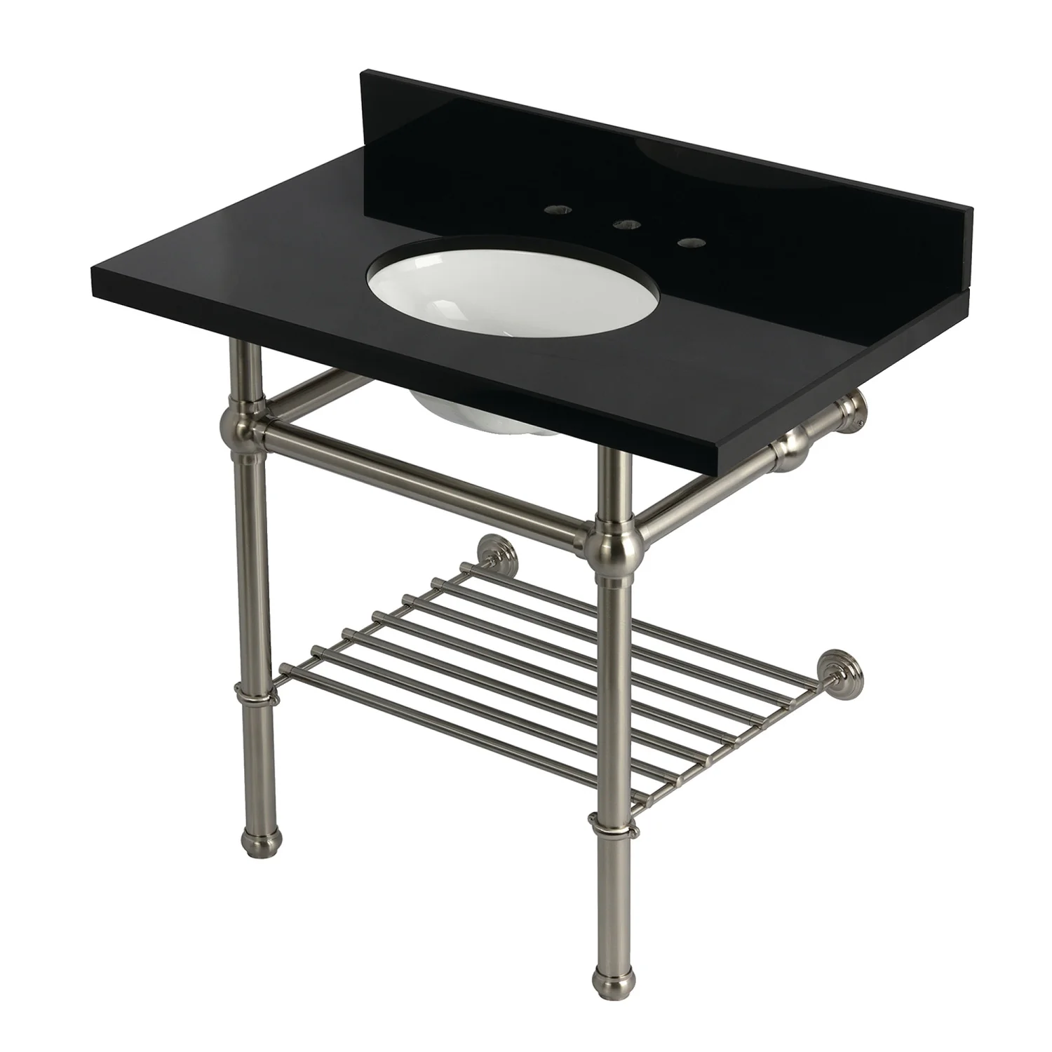 Kingston Heirloom KVPK3630KBB8 - Templeton 36-Inch Black Granite Console Sink with Brass Legs and Shelf (8-Inch, 3-Hole), Black Granite/Brushed Nickel
