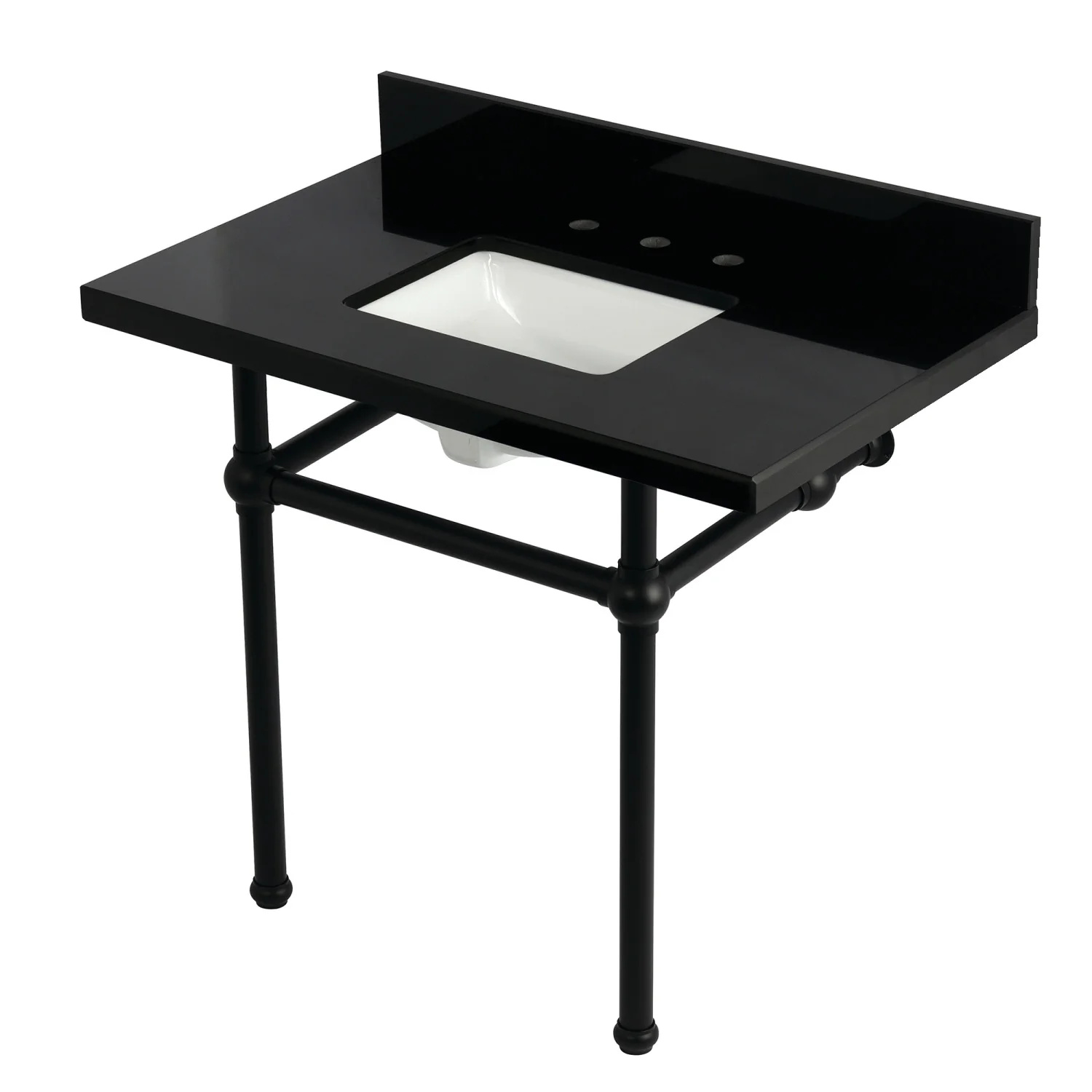 Kingston Heirloom KVPK3630KBSQ0 - Templeton 36-Inch Black Granite Console Sink with Brass Legs (8-Inch, 3-Hole), Black Granite/Matte Black