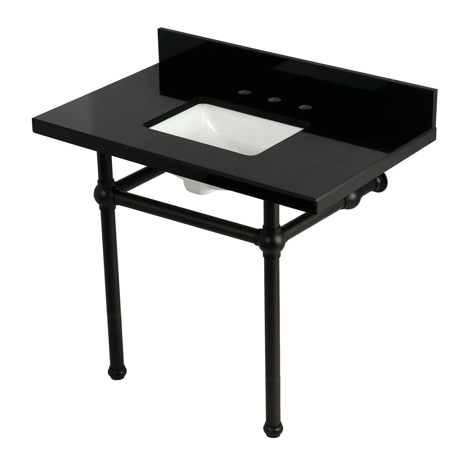 Kingston Heirloom KVPK3630KBSQ5 - Templeton 36-Inch Black Granite Console Sink with Brass Legs (8-Inch, 3-Hole), Black Granite/Oil Rubbed Bronze