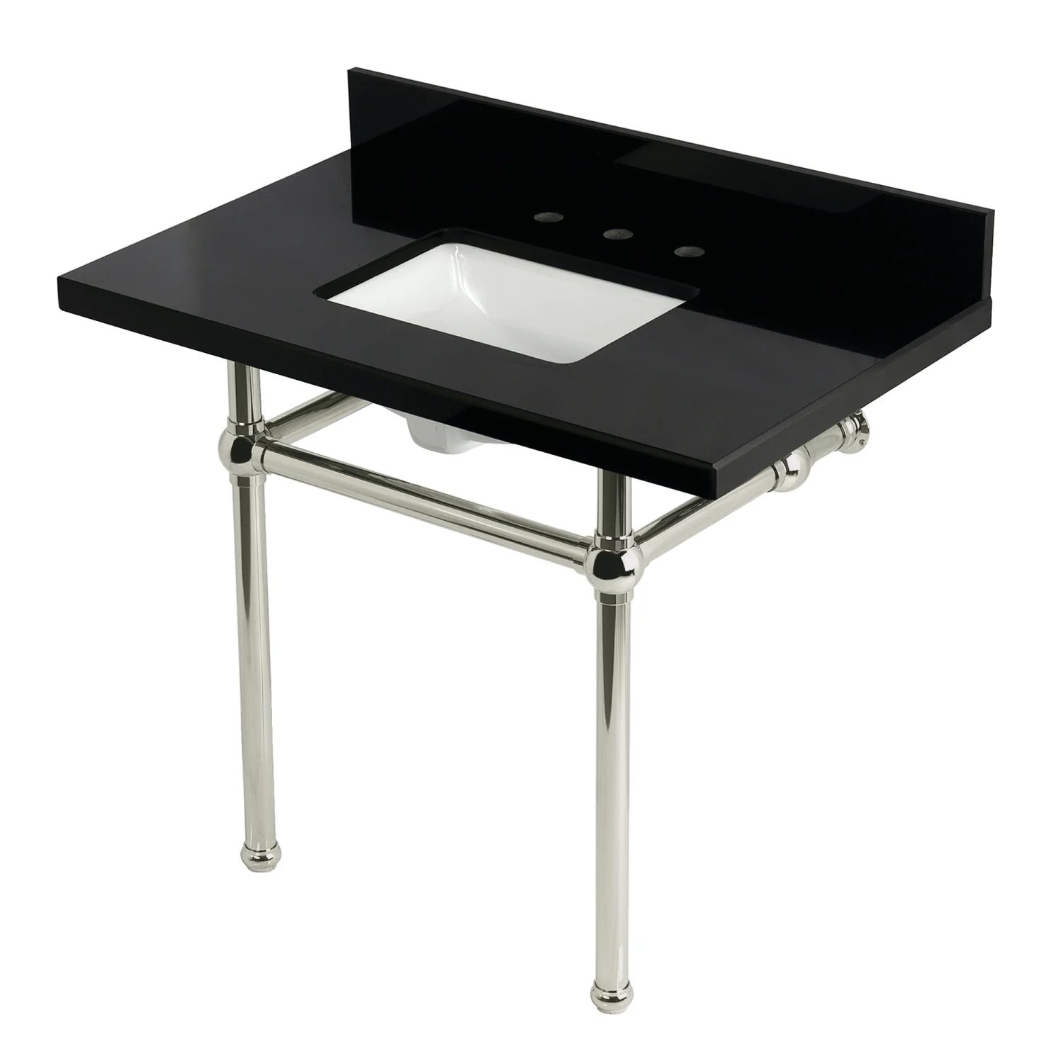 Kingston Heirloom KVPK3630KBSQ6 - Templeton 36-Inch Black Granite Console Sink with Brass Legs (8-Inch, 3-Hole), Black Granite/Polished Nickel