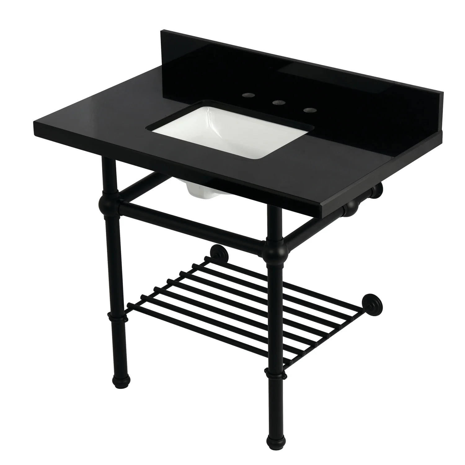 Kingston Heirloom KVPK3630KBSQB0 - Templeton 36-Inch Black Granite Console Sink with Brass Legs and Shelf (8-Inch, 3-Hole), Black Granite/Matte Black