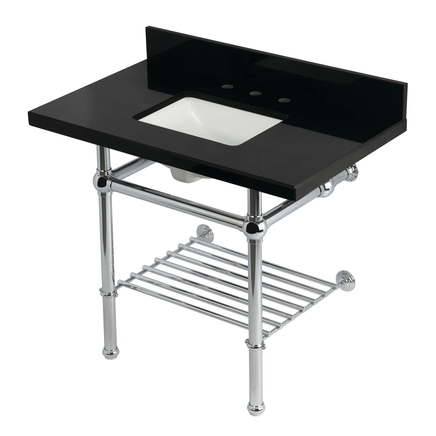Kingston Heirloom KVPK3630KBSQB1 - Templeton 36-Inch Black Granite Console Sink with Brass Legs and Shelf (8-Inch, 3-Hole), Black Granite/Polished Chrome